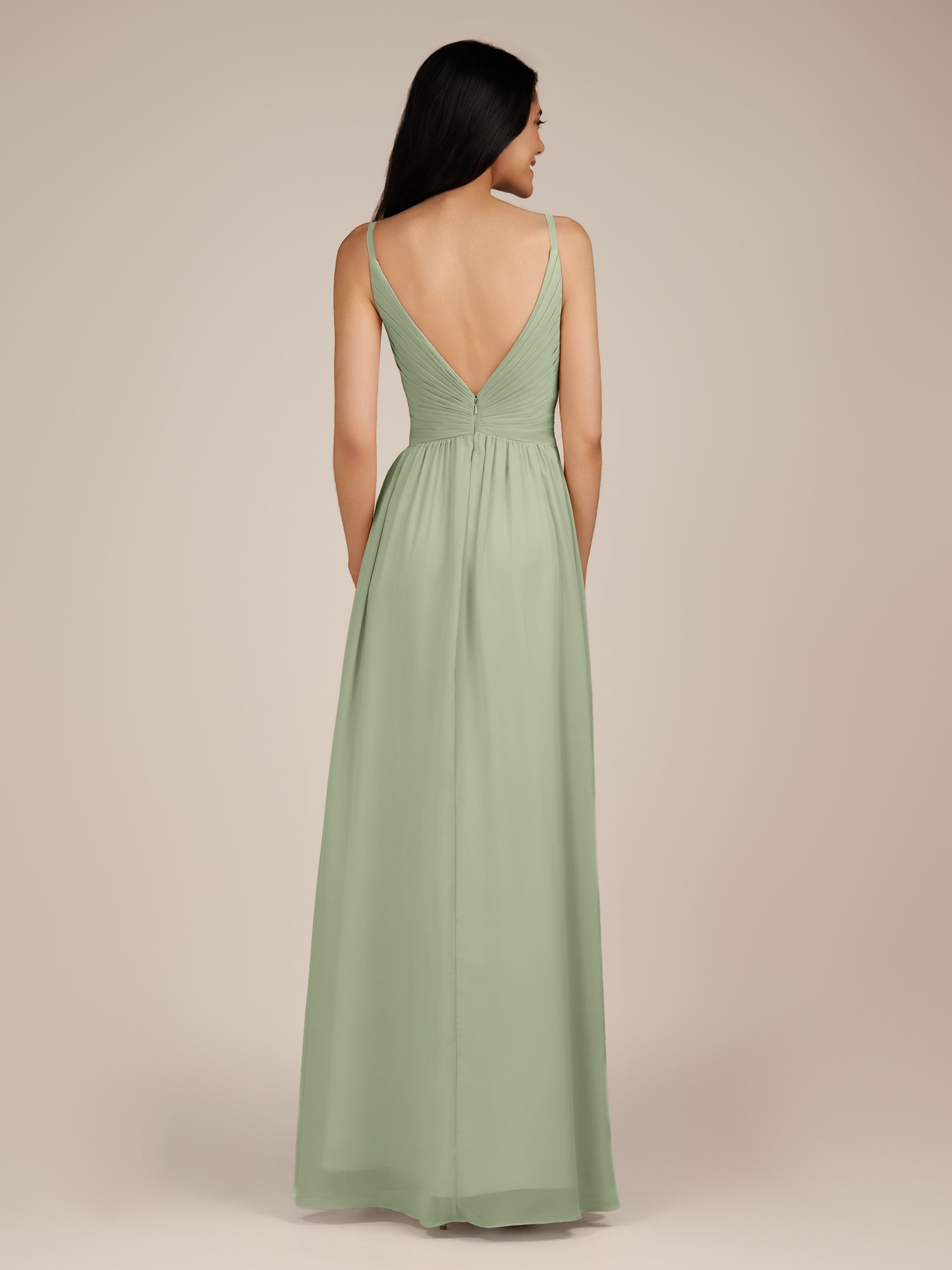 KissDress-Ophelia Dusty Sage A Line Chiffon V Neck Long Bridesmaid Dress with Pleats