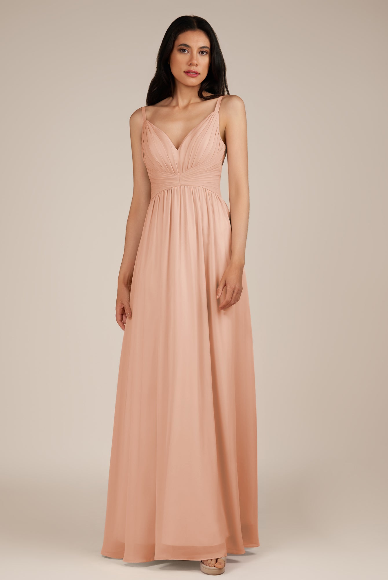 KissDress-Ophelia English Rose A Line Chiffon V Neck Long Bridesmaid Dress with Pleats