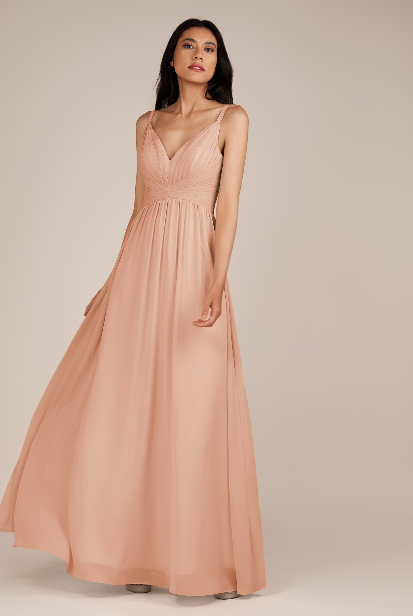 KissDress-Ophelia English Rose A Line Chiffon V Neck Long Bridesmaid Dress with Pleats