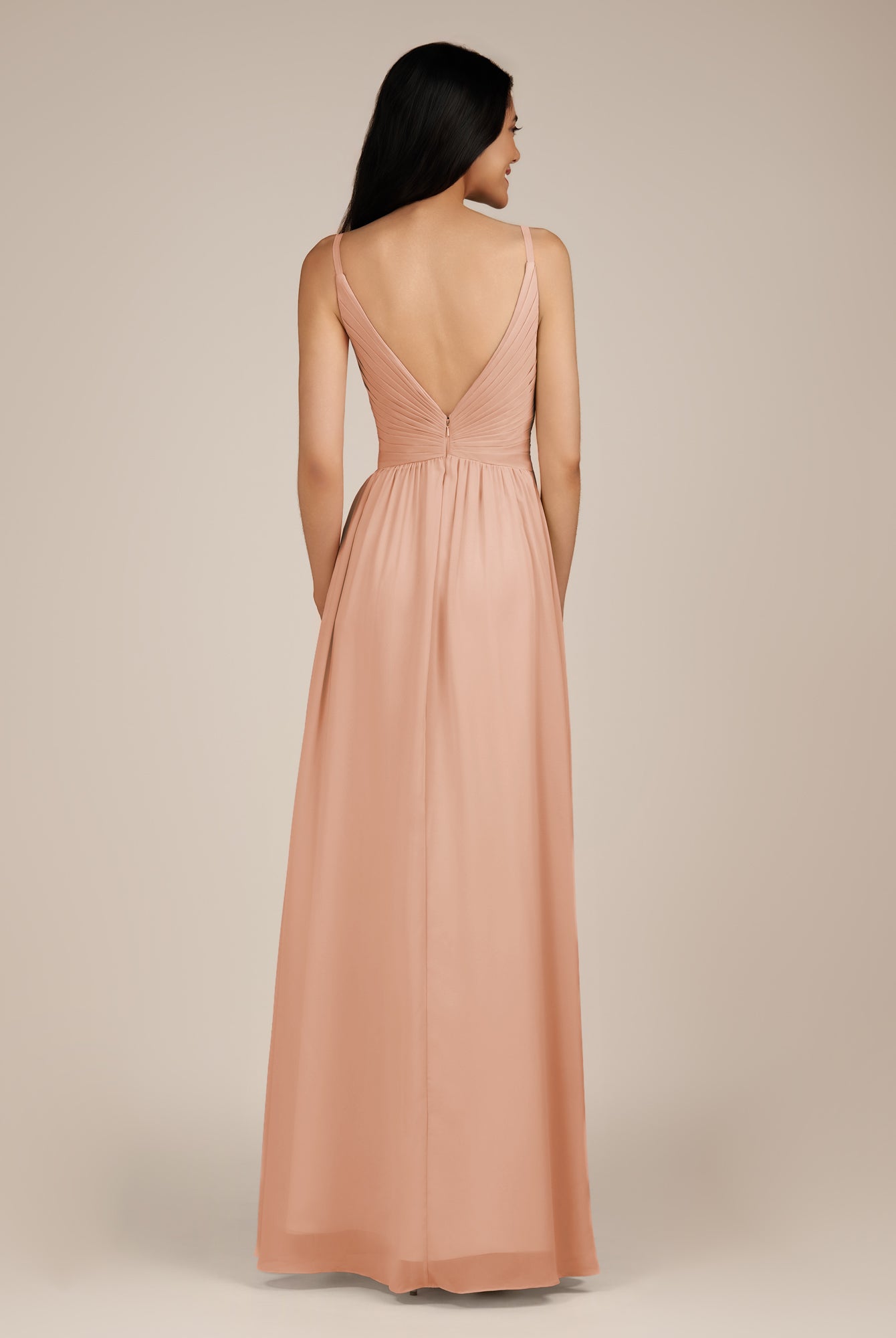 KissDress-Ophelia English Rose A Line Chiffon V Neck Long Bridesmaid Dress with Pleats