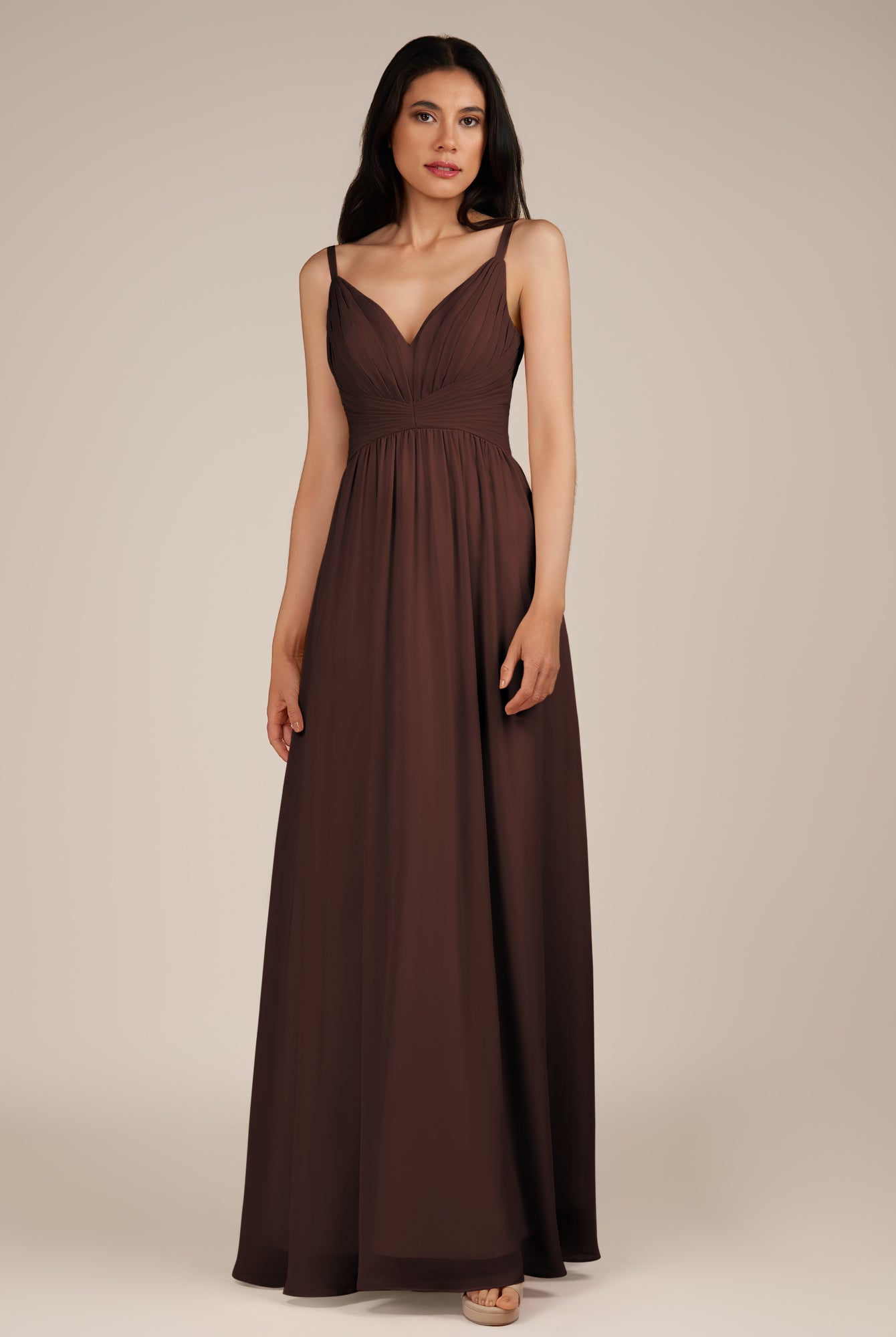 KissDress-Ophelia Espresso A Line Chiffon V Neck Long Bridesmaid Dress with Pleats