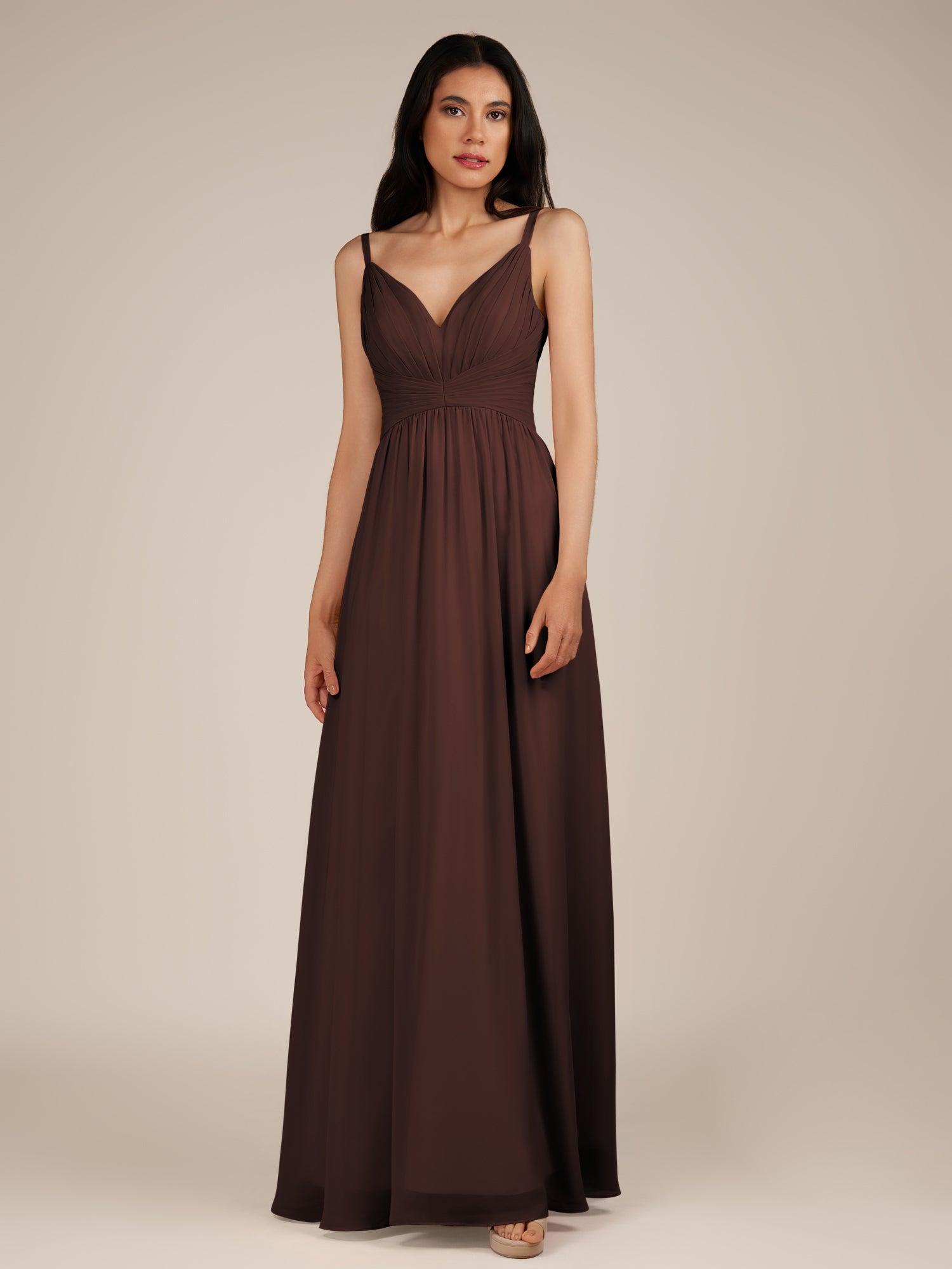 KissDress-Ophelia Espresso A Line Chiffon V Neck Long Bridesmaid Dress with Pleats