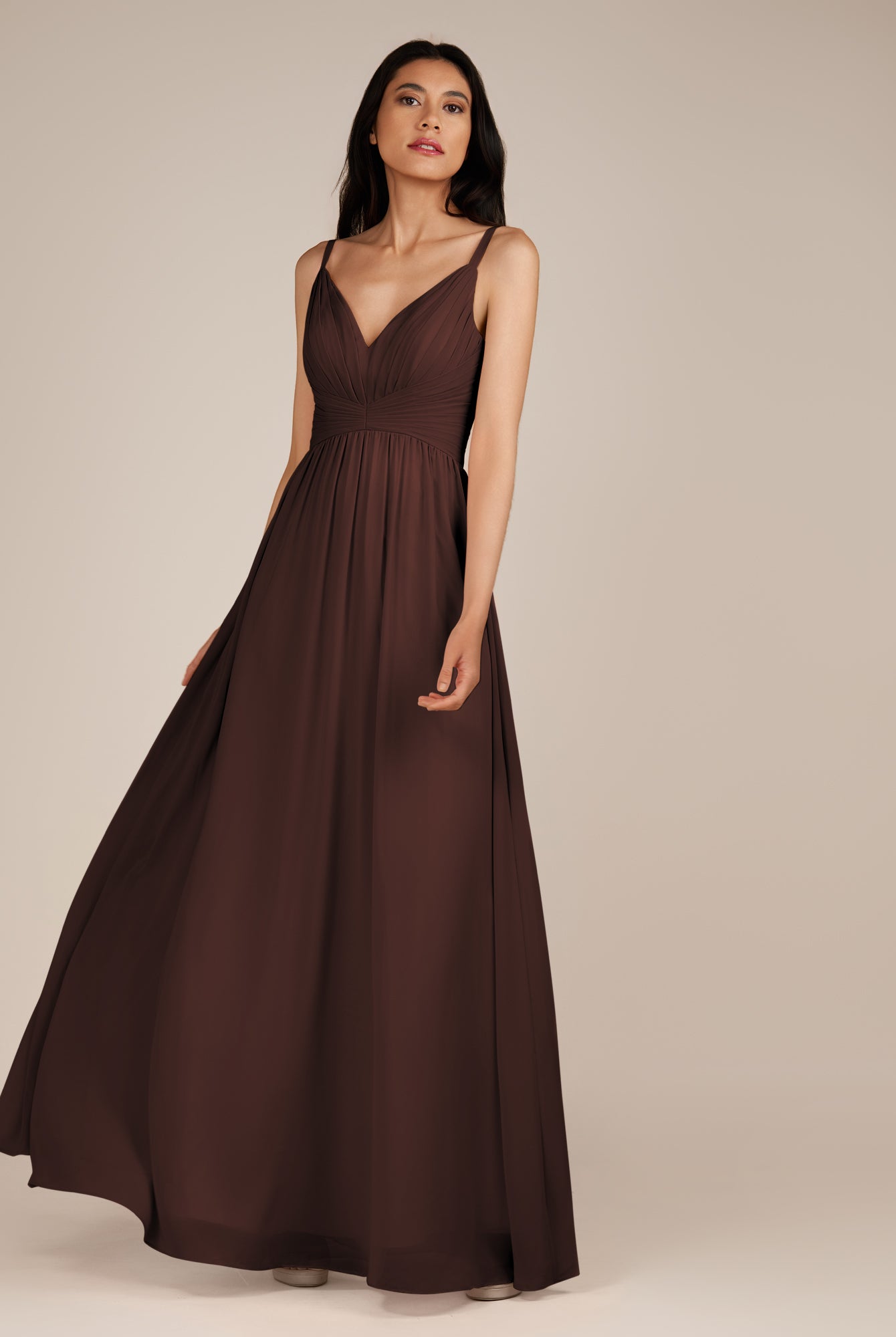 KissDress-Ophelia Espresso A Line Chiffon V Neck Long Bridesmaid Dress with Pleats