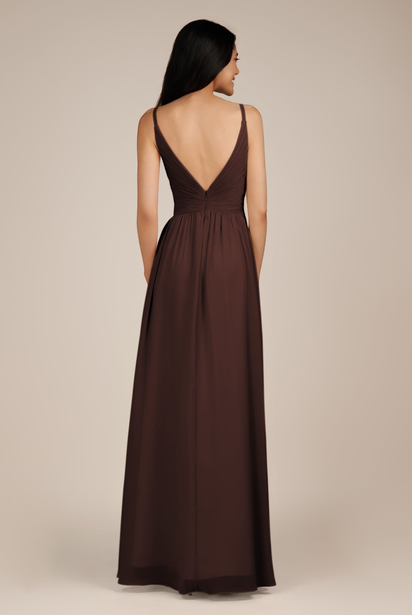 KissDress-Ophelia Espresso A Line Chiffon V Neck Long Bridesmaid Dress with Pleats