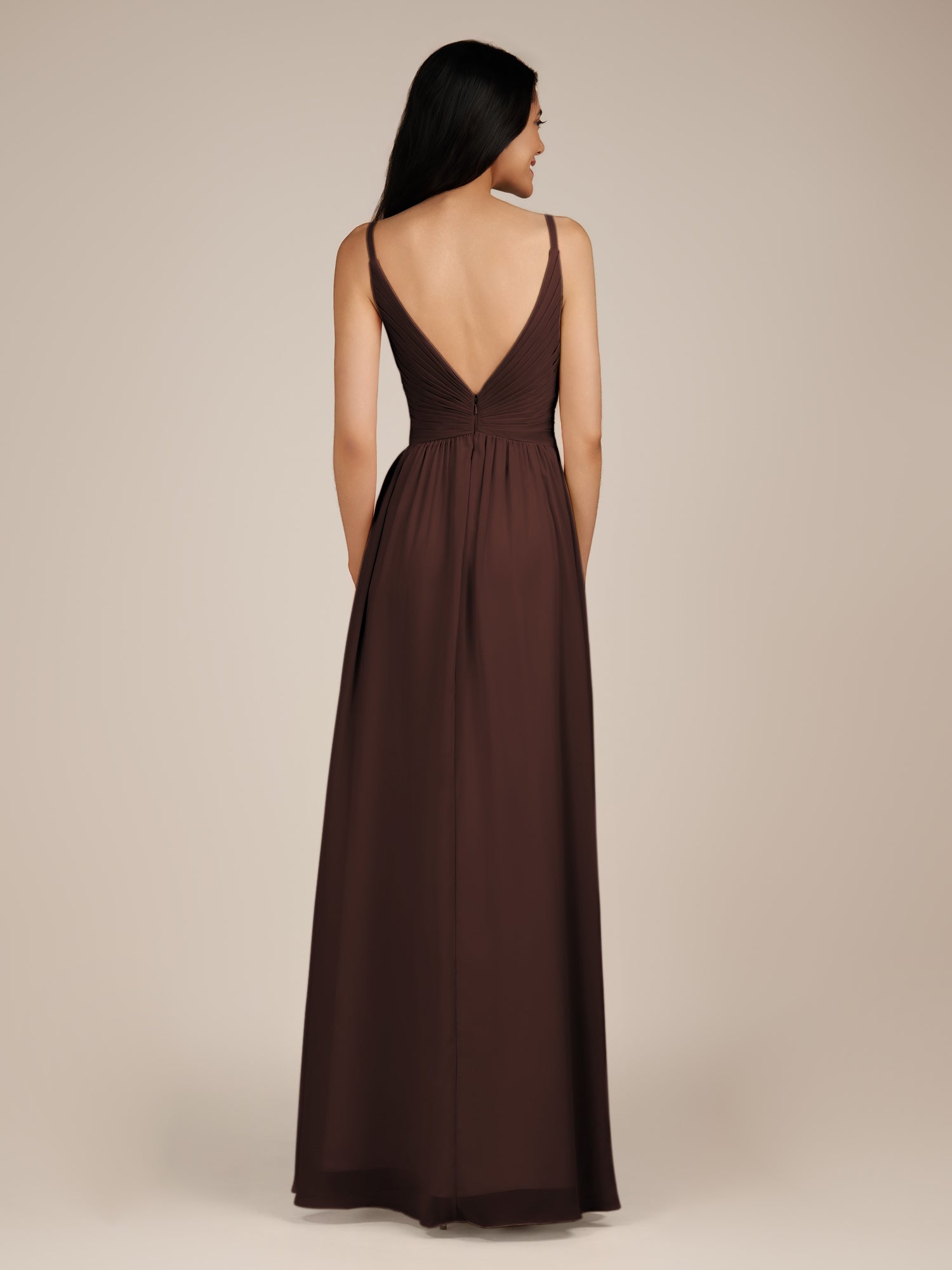 KissDress-Ophelia Espresso A Line Chiffon V Neck Long Bridesmaid Dress with Pleats