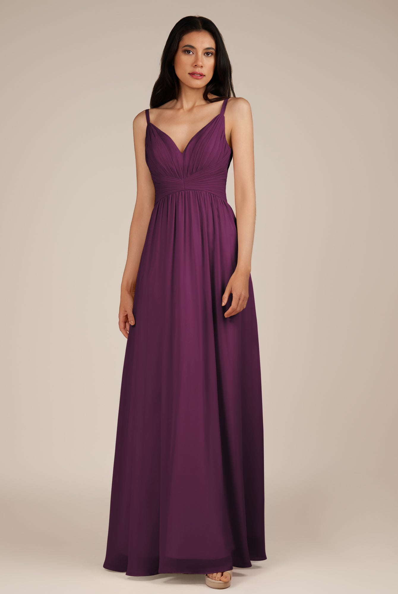 KissDress-Ophelia Fig A Line Chiffon V Neck Long Bridesmaid Dress with Pleats