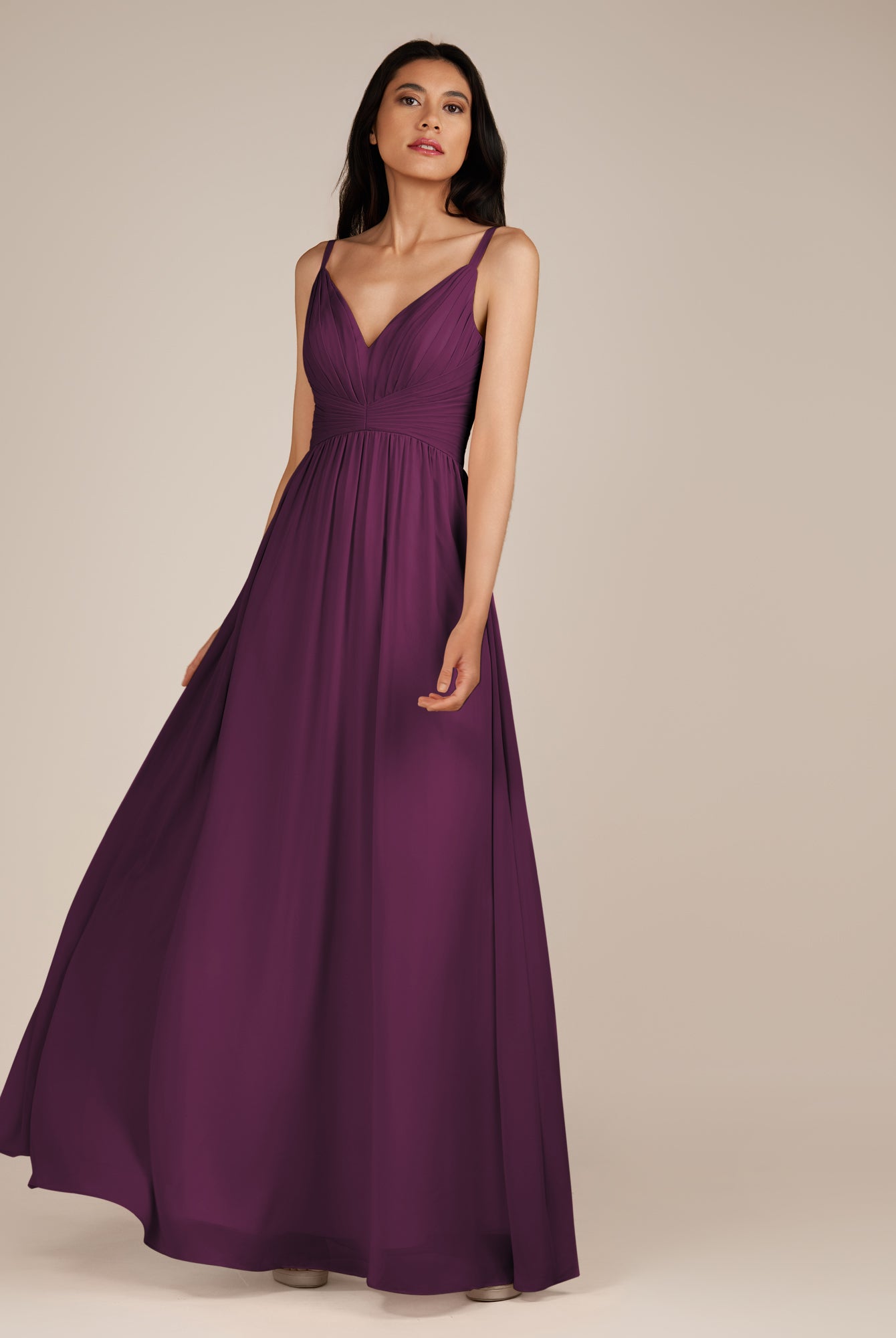 KissDress-Ophelia Fig A Line Chiffon V Neck Long Bridesmaid Dress with Pleats