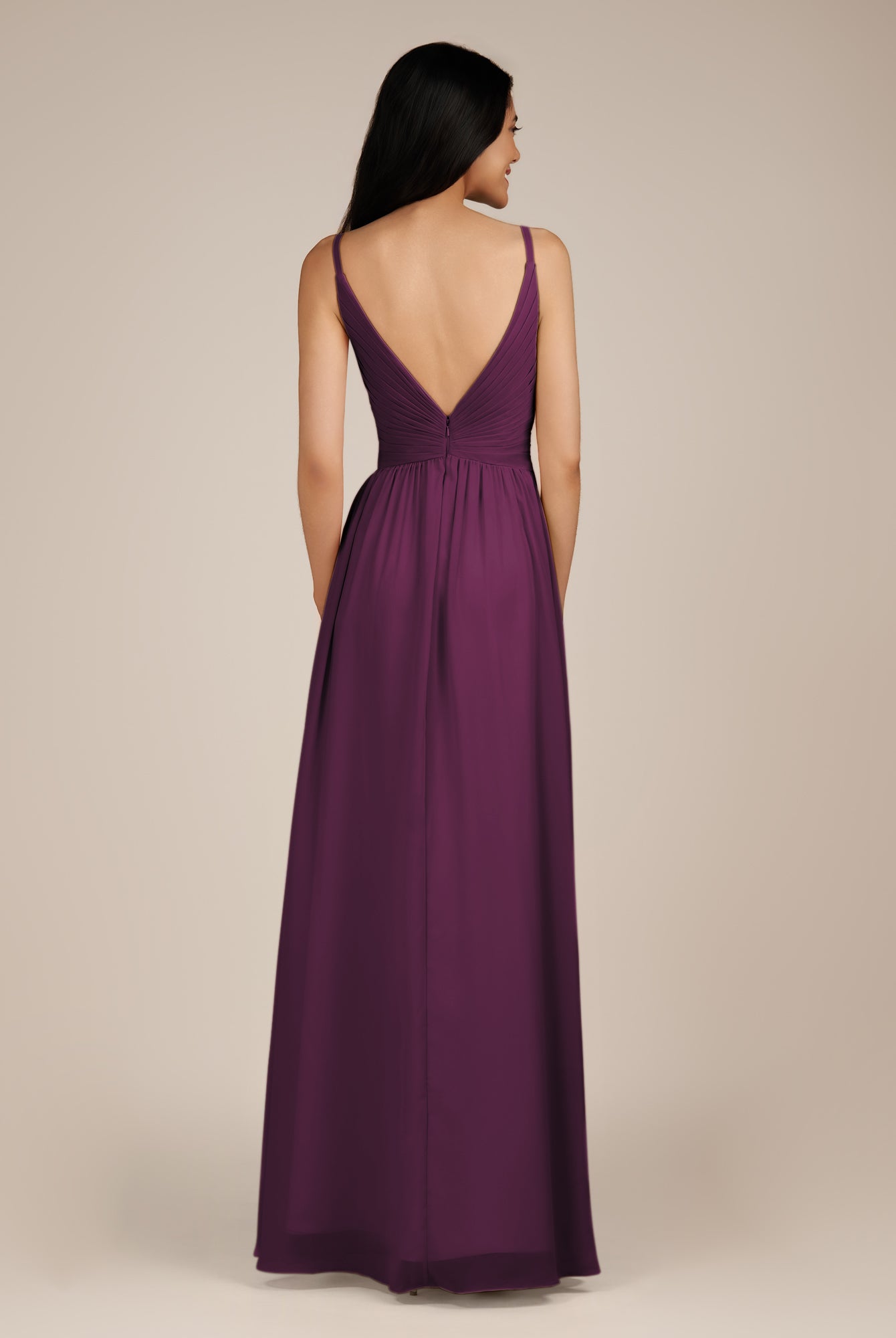 KissDress-Ophelia Fig A Line Chiffon V Neck Long Bridesmaid Dress with Pleats