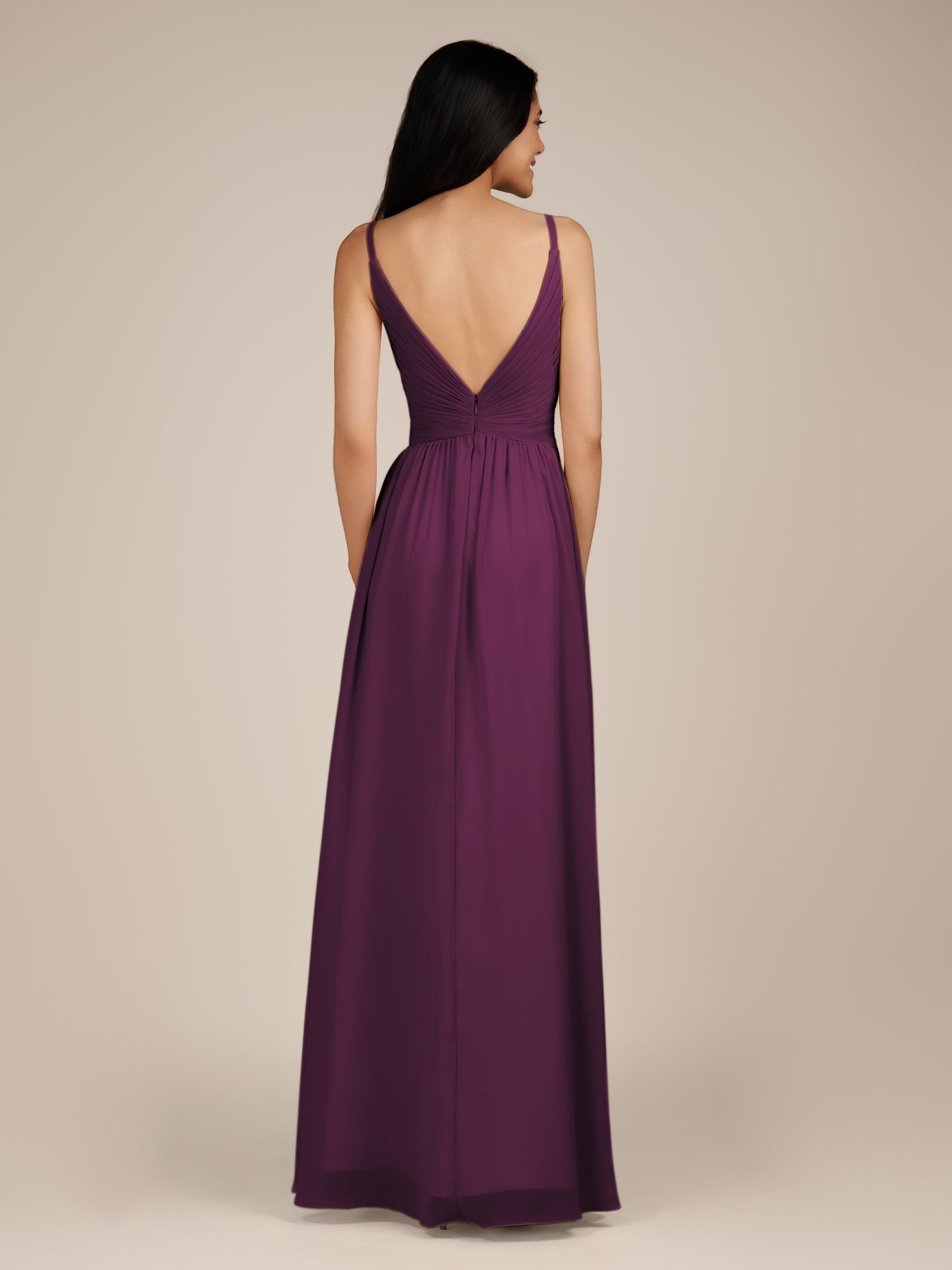 KissDress-Ophelia Fig A Line Chiffon V Neck Long Bridesmaid Dress with Pleats