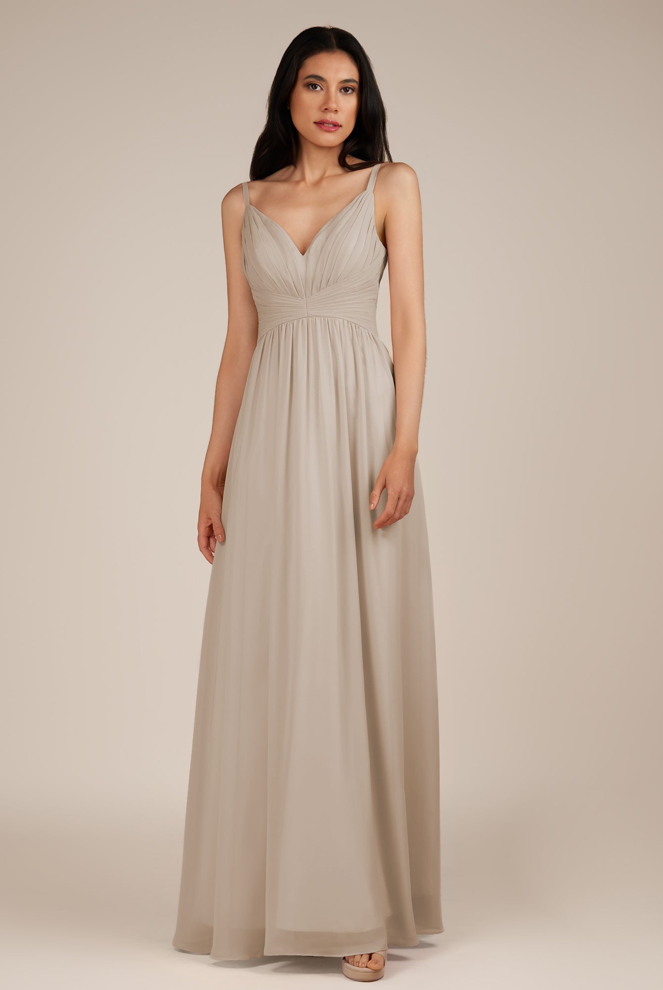 KissDress-Ophelia Frost A Line Chiffon V Neck Long Bridesmaid Dress with Pleats
