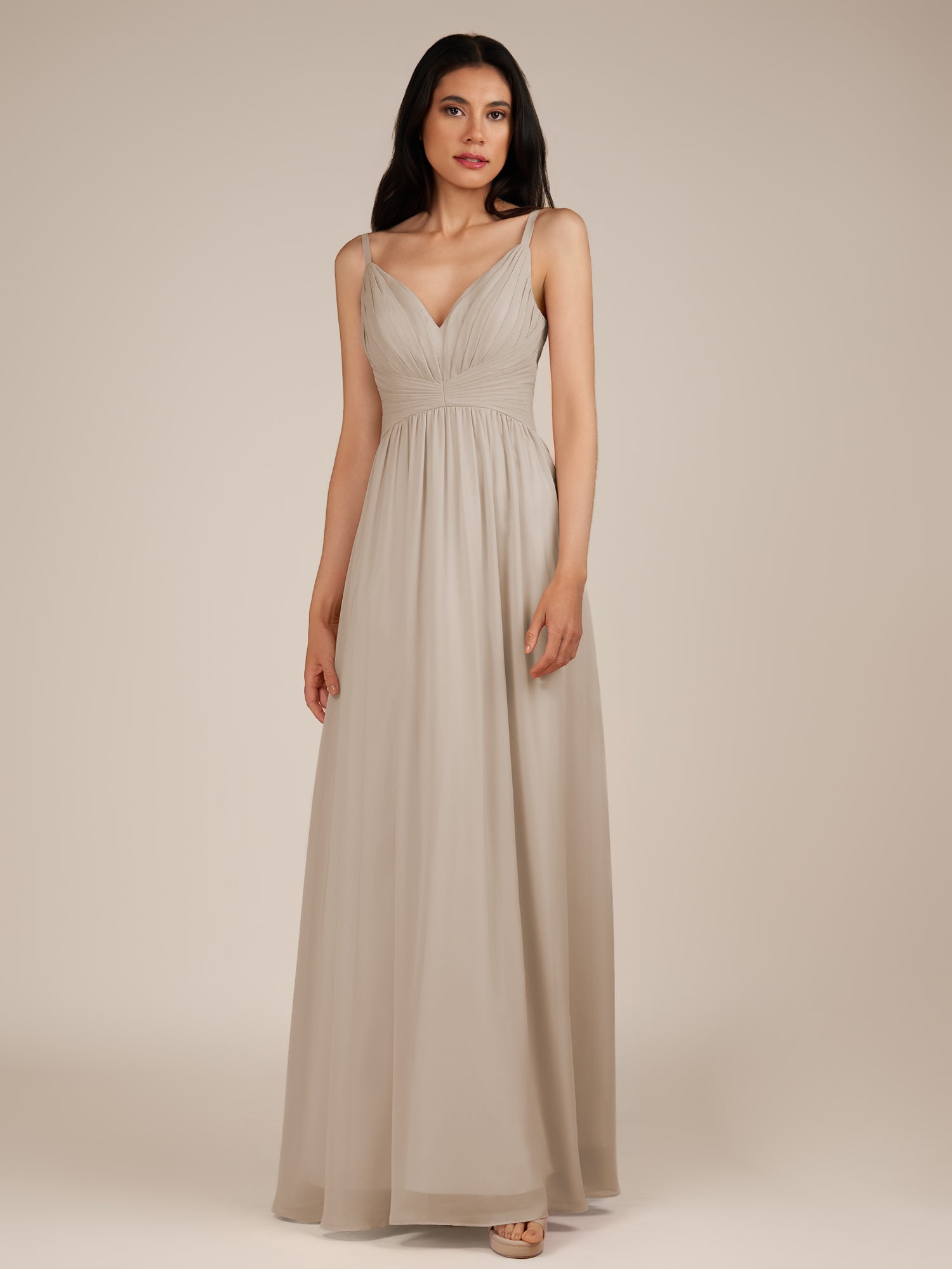 KissDress-Ophelia Frost A Line Chiffon V Neck Long Bridesmaid Dress with Pleats
