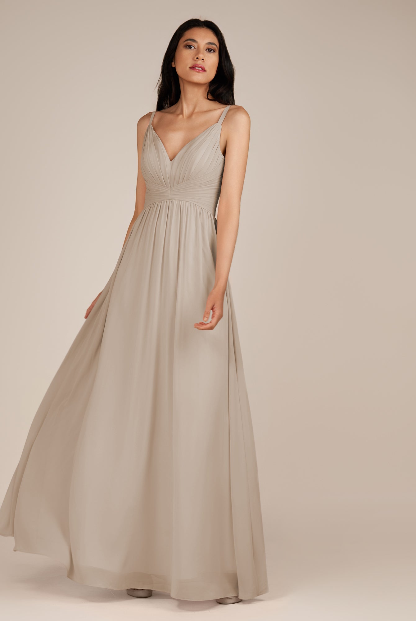 KissDress-Ophelia Frost A Line Chiffon V Neck Long Bridesmaid Dress with Pleats