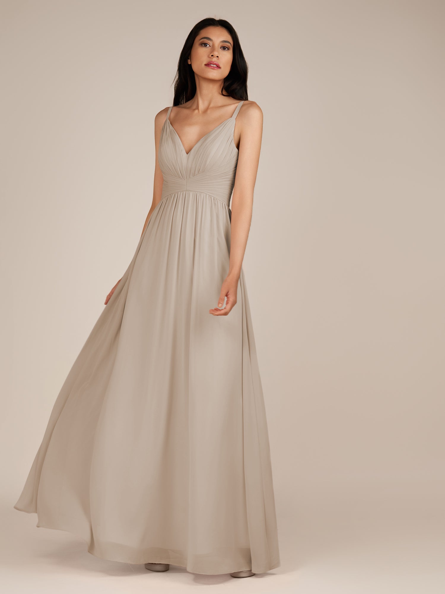 KissDress-Ophelia Frost A Line Chiffon V Neck Long Bridesmaid Dress with Pleats