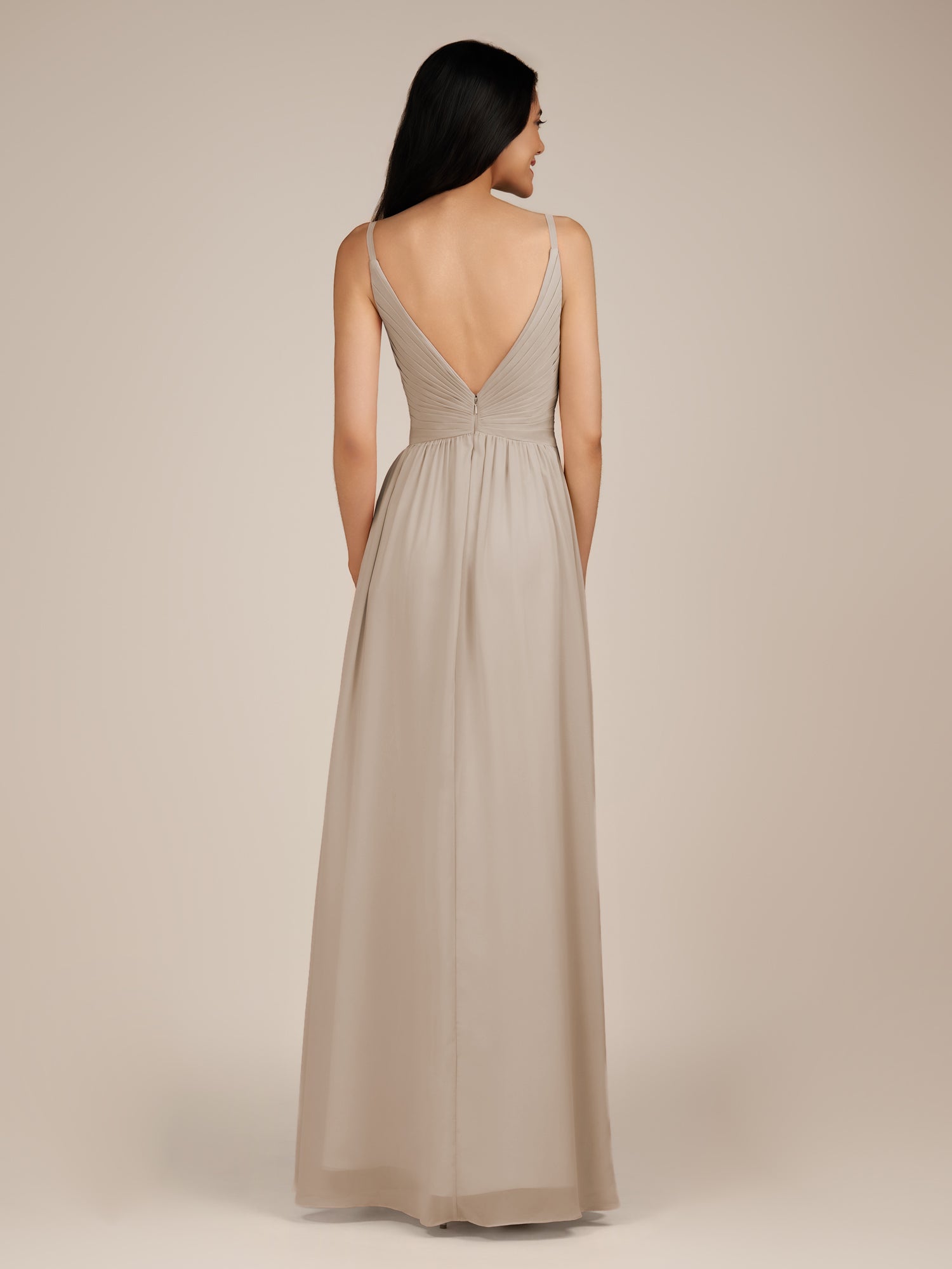 KissDress-Ophelia Frost A Line Chiffon V Neck Long Bridesmaid Dress with Pleats