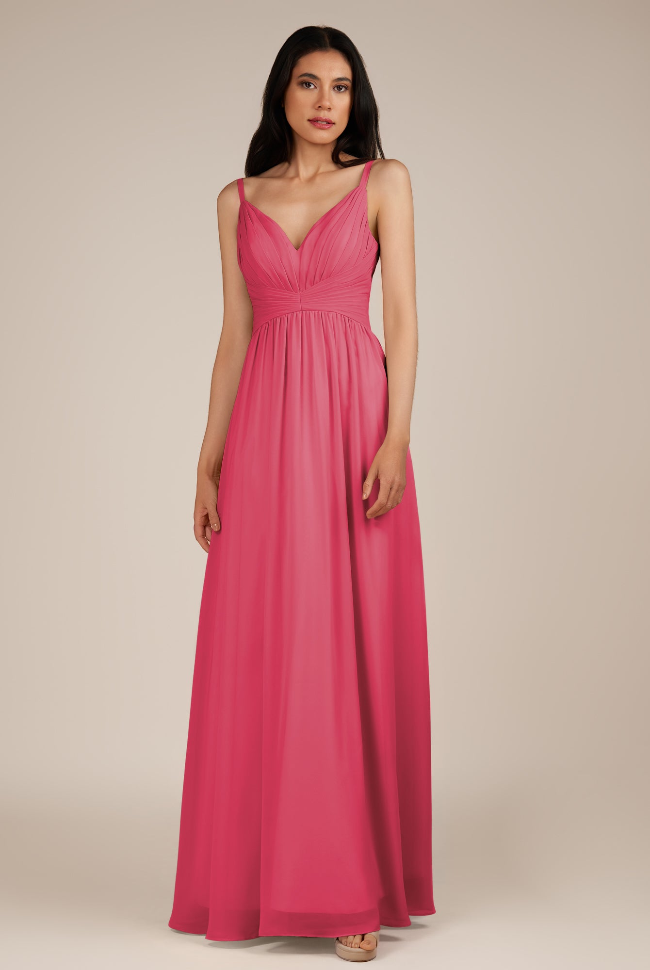 KissDress-Ophelia Fuchsia A Line Chiffon V Neck Long Bridesmaid Dress with Pleats