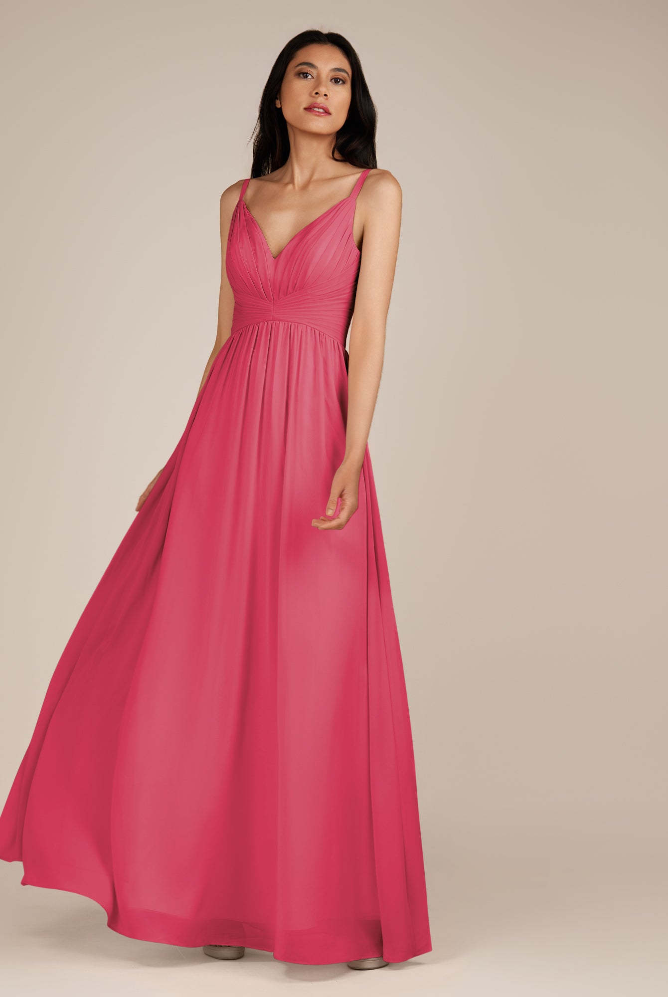 KissDress-Ophelia Fuchsia A Line Chiffon V Neck Long Bridesmaid Dress with Pleats
