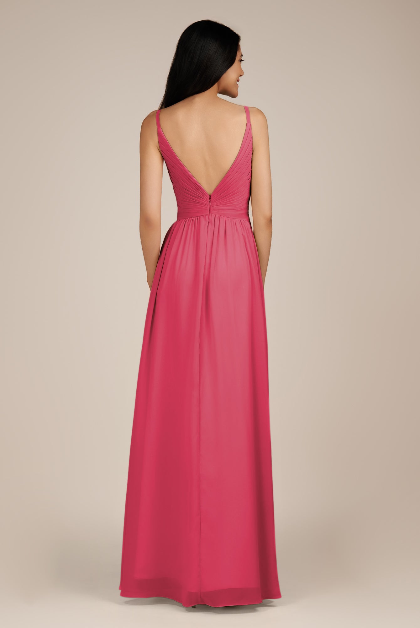 KissDress-Ophelia Fuchsia A Line Chiffon V Neck Long Bridesmaid Dress with Pleats