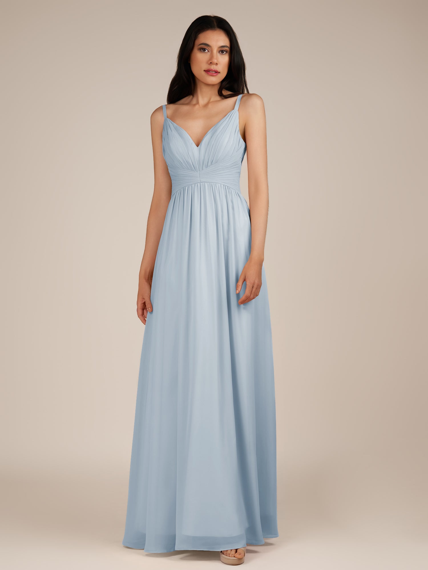 KissDress-Ophelia Ice A Line Chiffon V Neck Long Bridesmaid Dress with Pleats