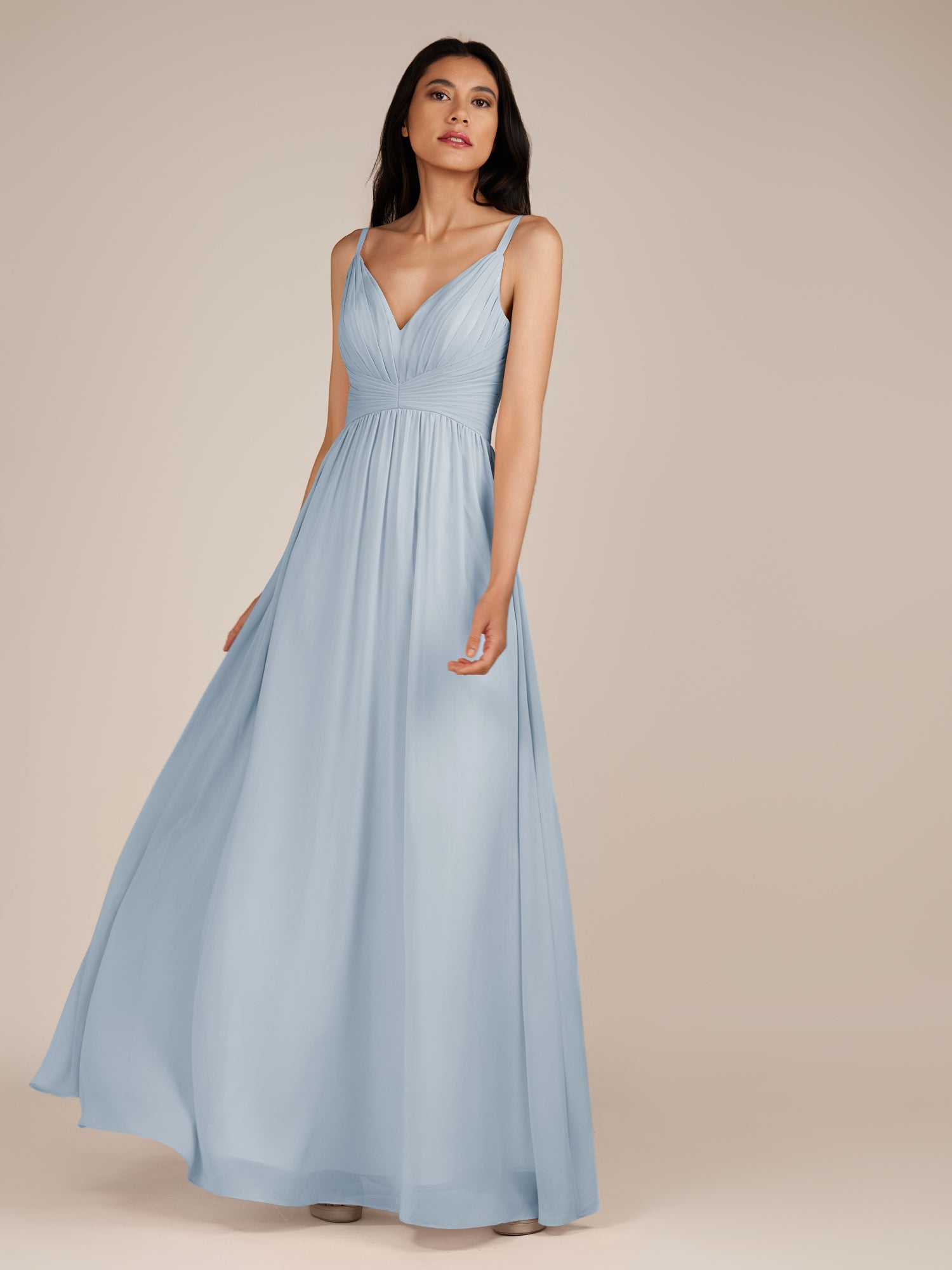KissDress-Ophelia Ice A Line Chiffon V Neck Long Bridesmaid Dress with Pleats