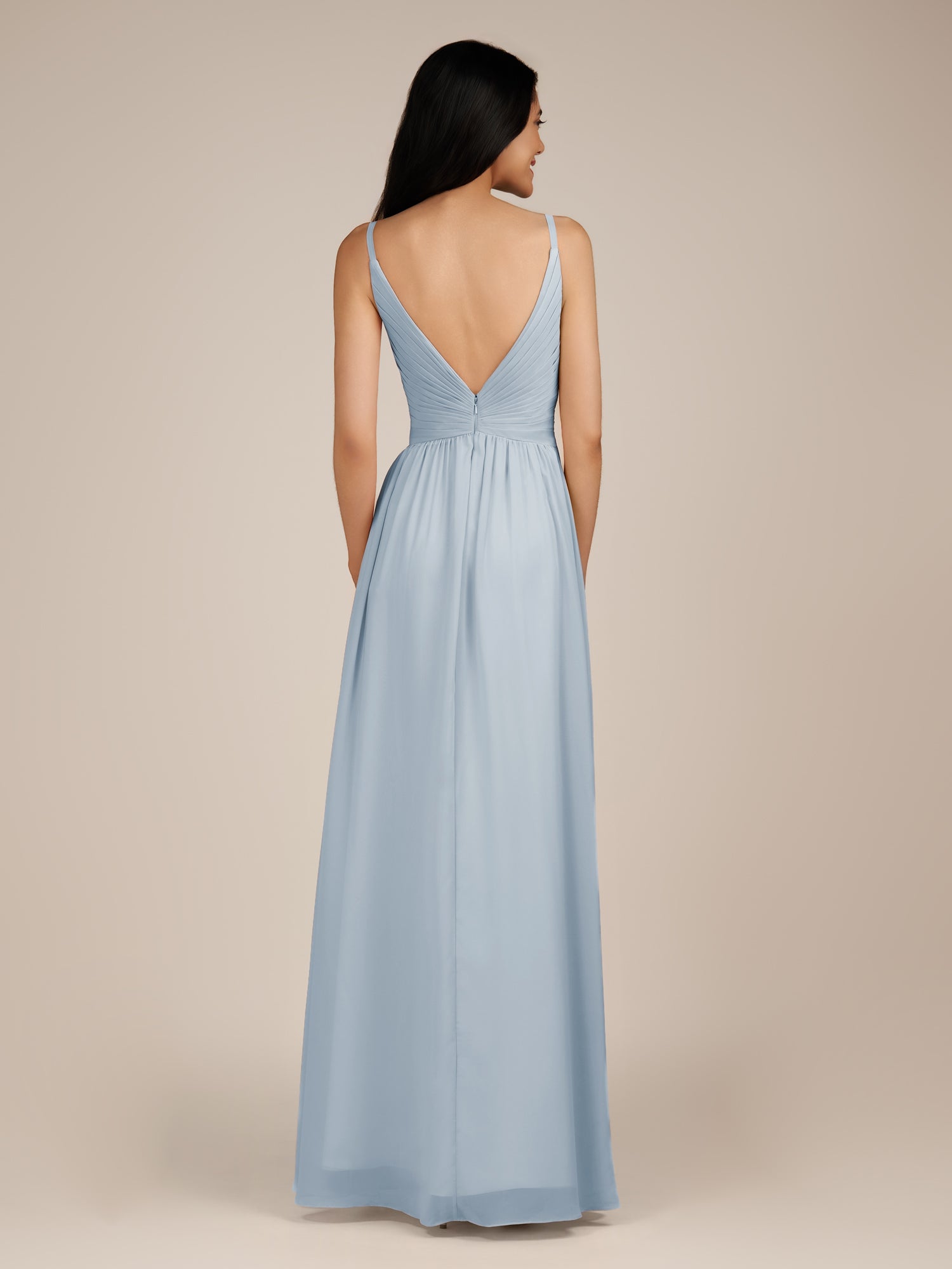 KissDress-Ophelia Ice A Line Chiffon V Neck Long Bridesmaid Dress with Pleats