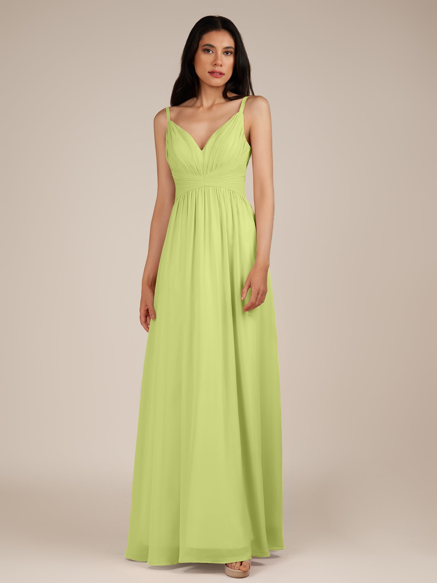 KissDress-Ophelia Lemon Sorbet A Line Chiffon V Neck Long Bridesmaid Dress with Pleats