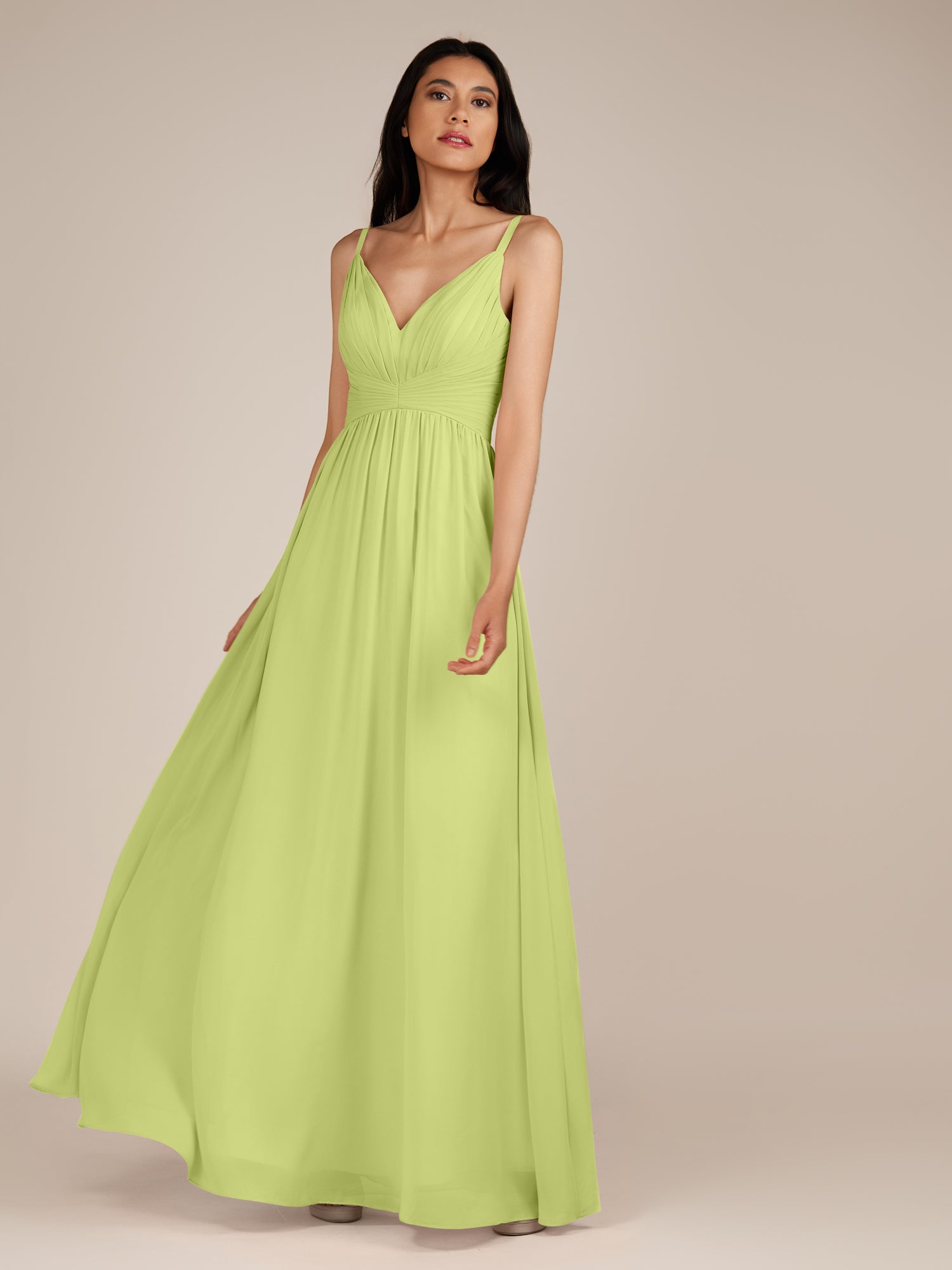 KissDress-Ophelia Lemon Sorbet A Line Chiffon V Neck Long Bridesmaid Dress with Pleats