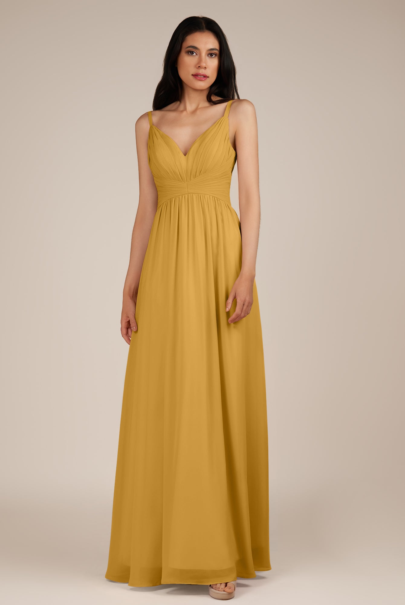 KissDress-Ophelia Marigold A Line Chiffon V Neck Long Bridesmaid Dress with Pleats