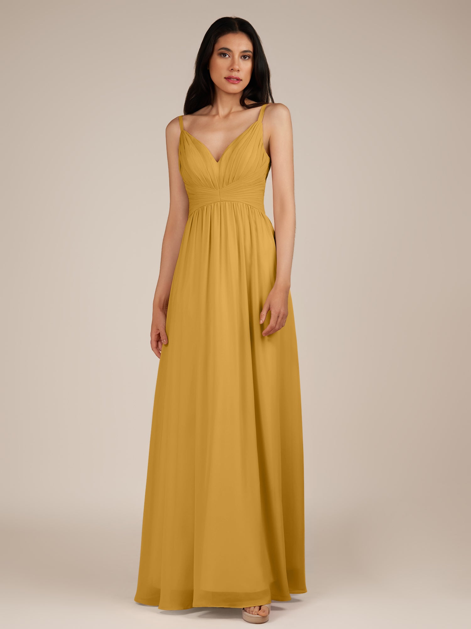 KissDress-Ophelia Marigold A Line Chiffon V Neck Long Bridesmaid Dress with Pleats