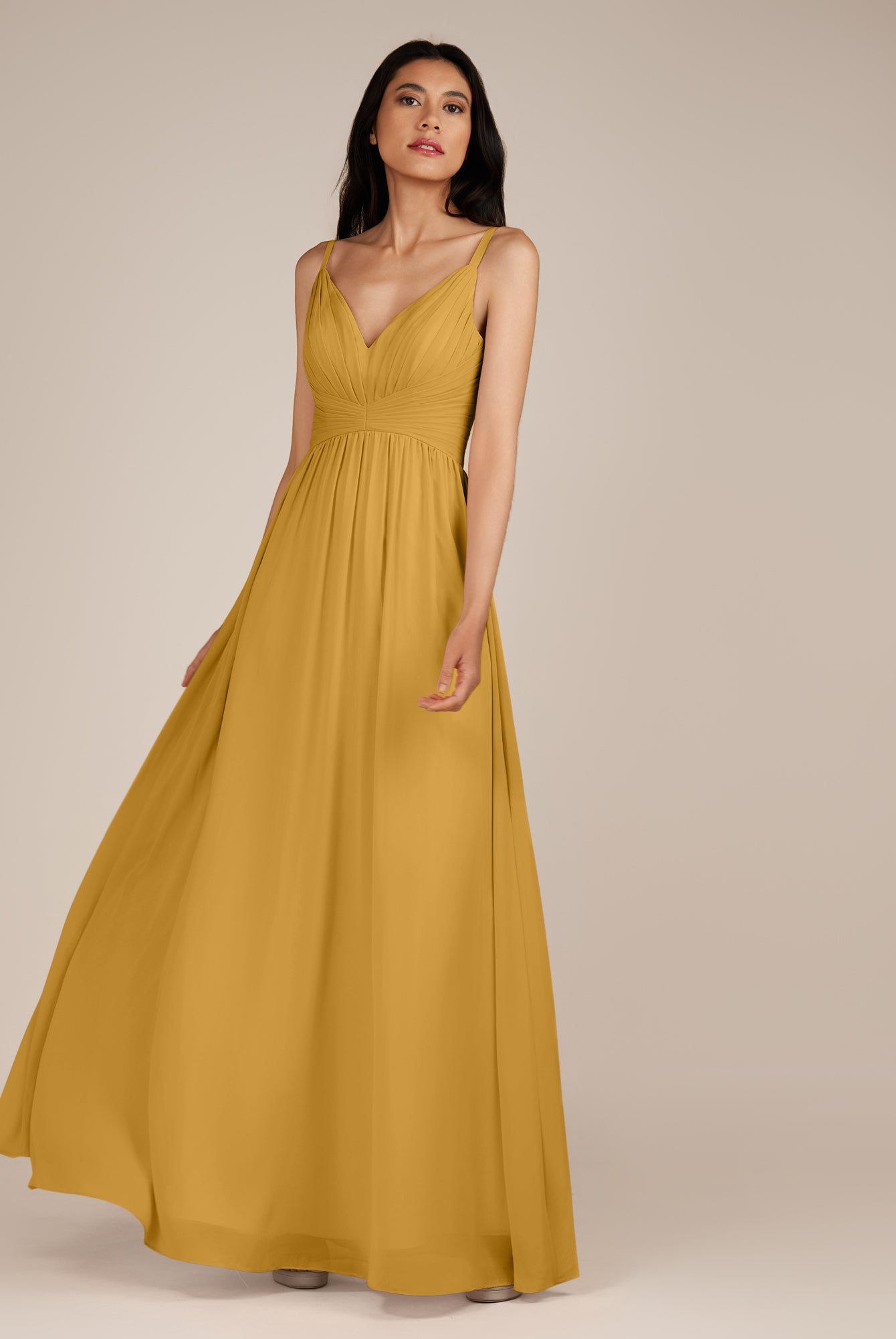 KissDress-Ophelia Marigold A Line Chiffon V Neck Long Bridesmaid Dress with Pleats
