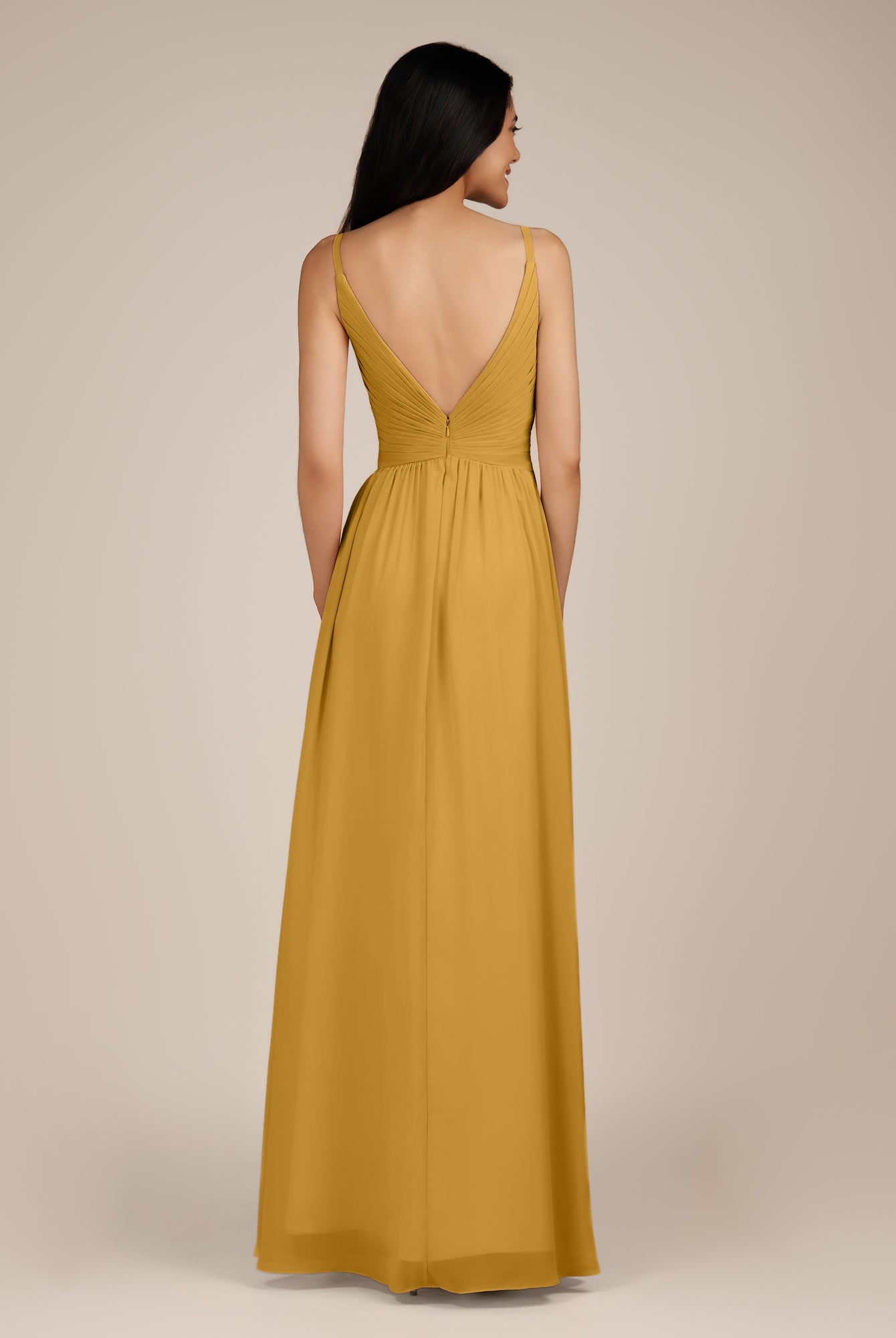 KissDress-Ophelia Marigold A Line Chiffon V Neck Long Bridesmaid Dress with Pleats