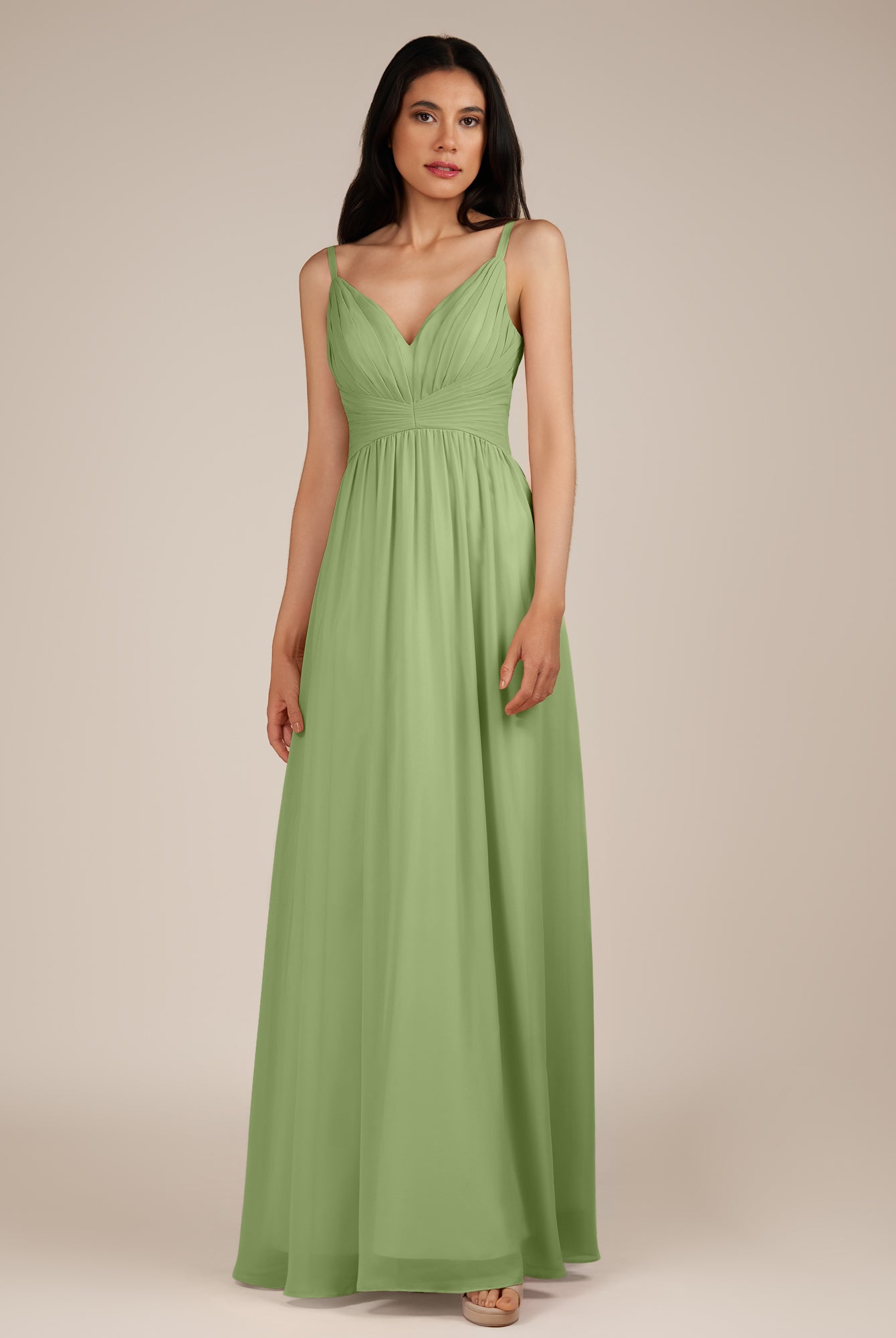 KissDress-Ophelia Matcha A Line Chiffon V Neck Long Bridesmaid Dress with Pleats