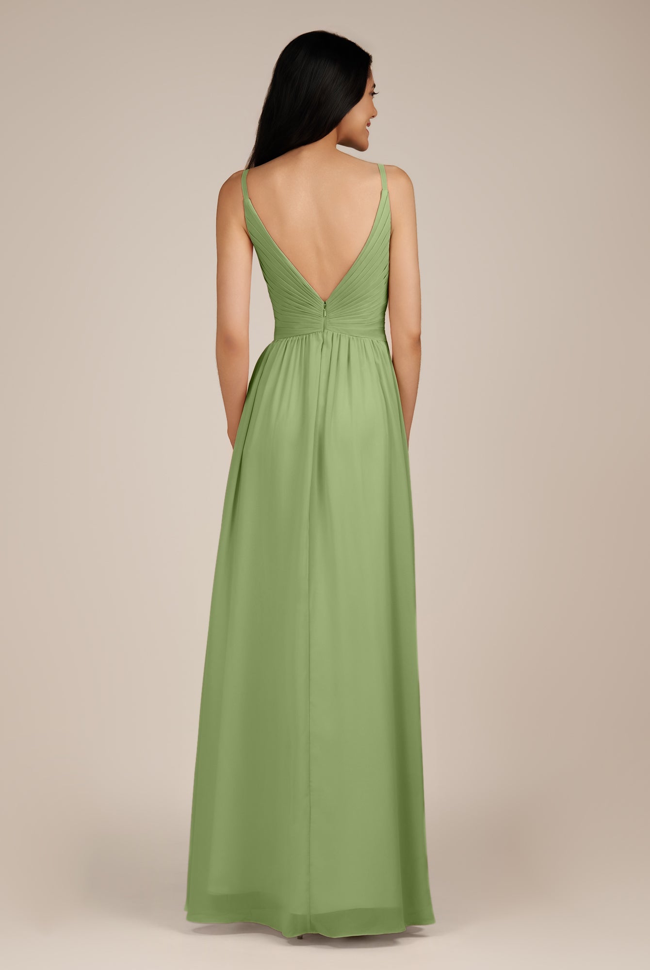 KissDress-Ophelia Matcha A Line Chiffon V Neck Long Bridesmaid Dress with Pleats