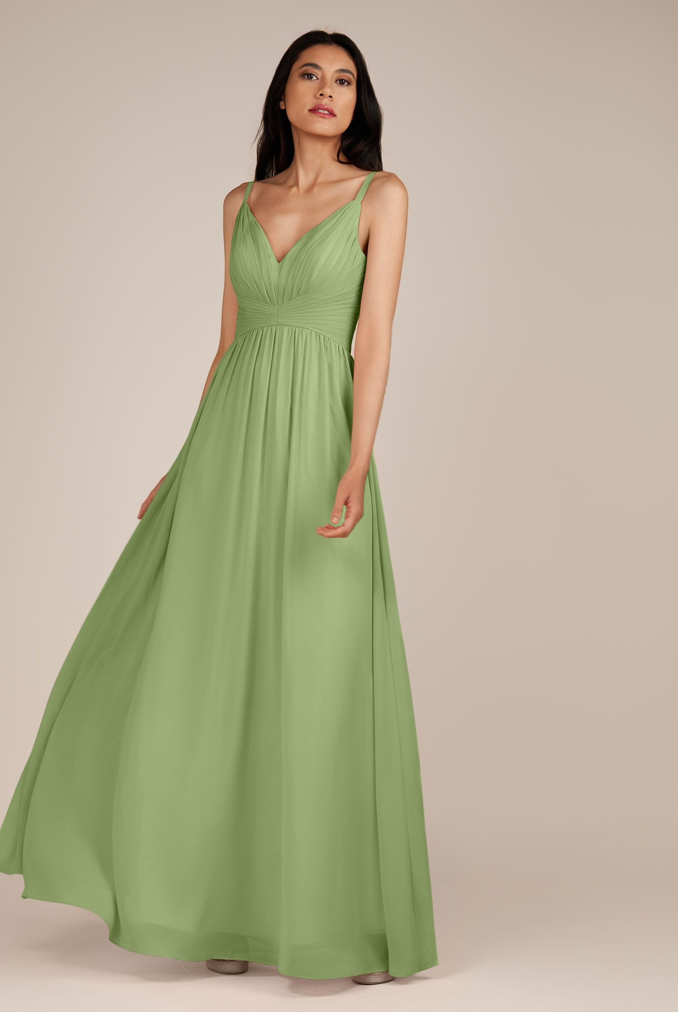 KissDress-Ophelia Matcha A Line Chiffon V Neck Long Bridesmaid Dress with Pleats