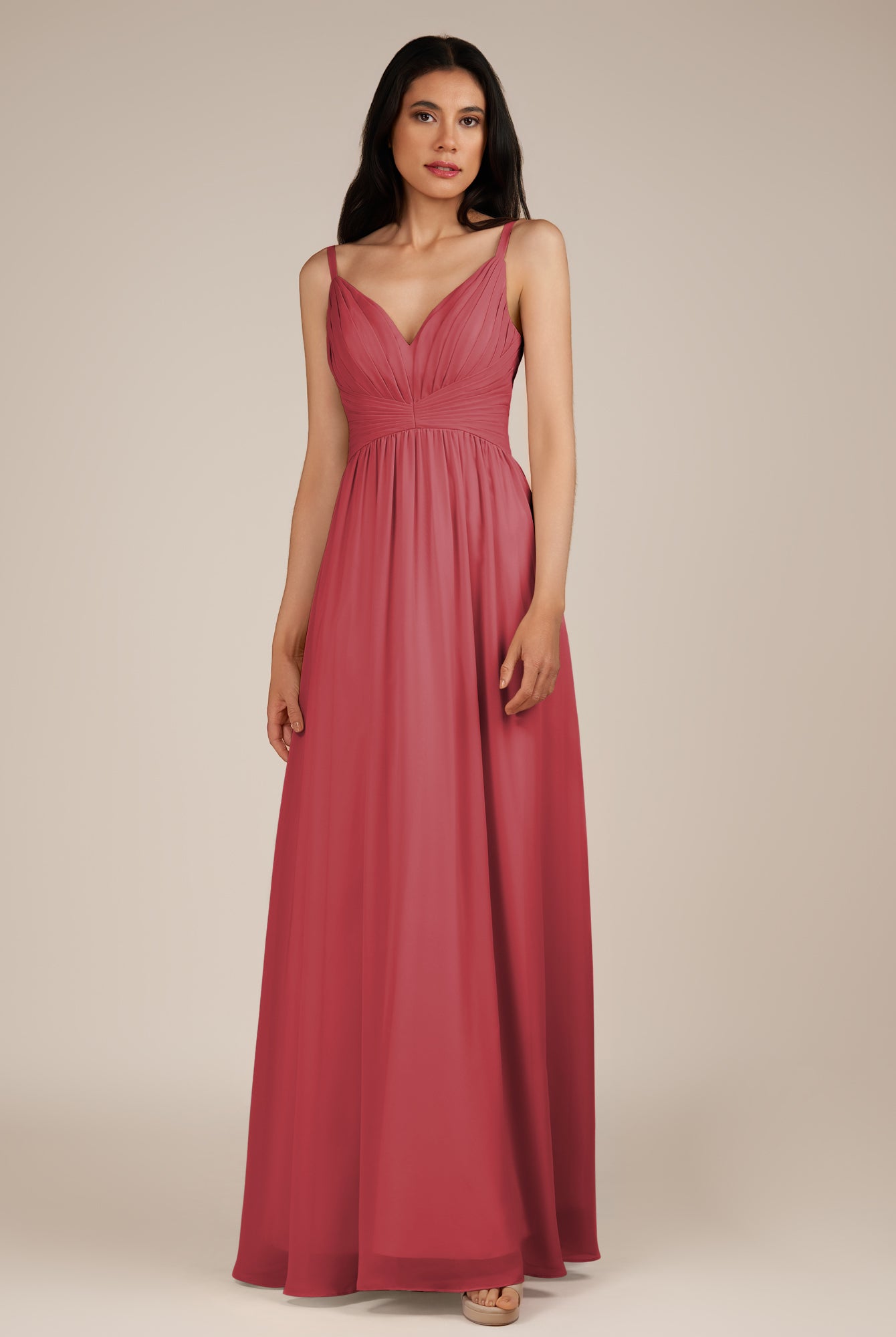 KissDress-Ophelia Merlot A Line Chiffon V Neck Long Bridesmaid Dress with Pleats
