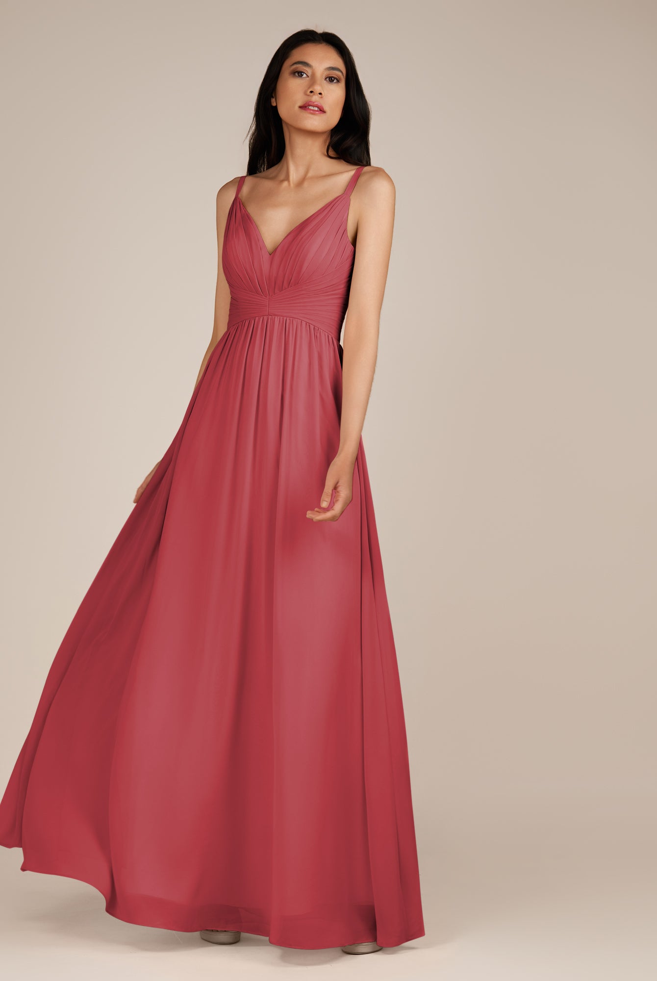 KissDress-Ophelia Merlot A Line Chiffon V Neck Long Bridesmaid Dress with Pleats