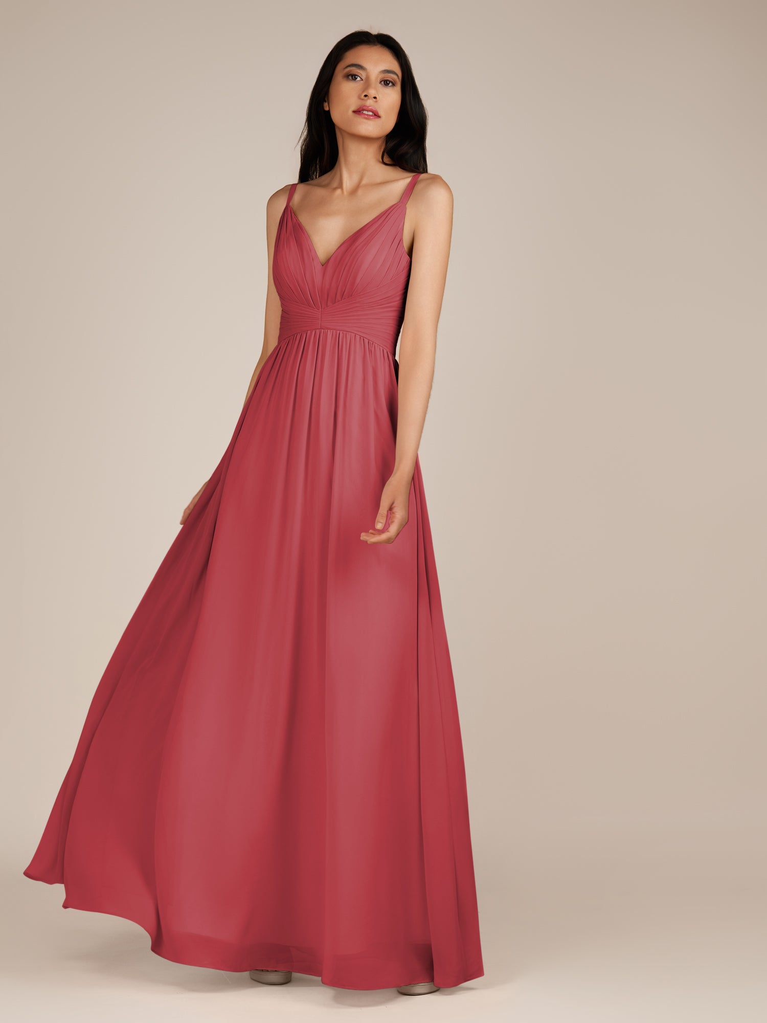 KissDress-Ophelia Merlot A Line Chiffon V Neck Long Bridesmaid Dress with Pleats