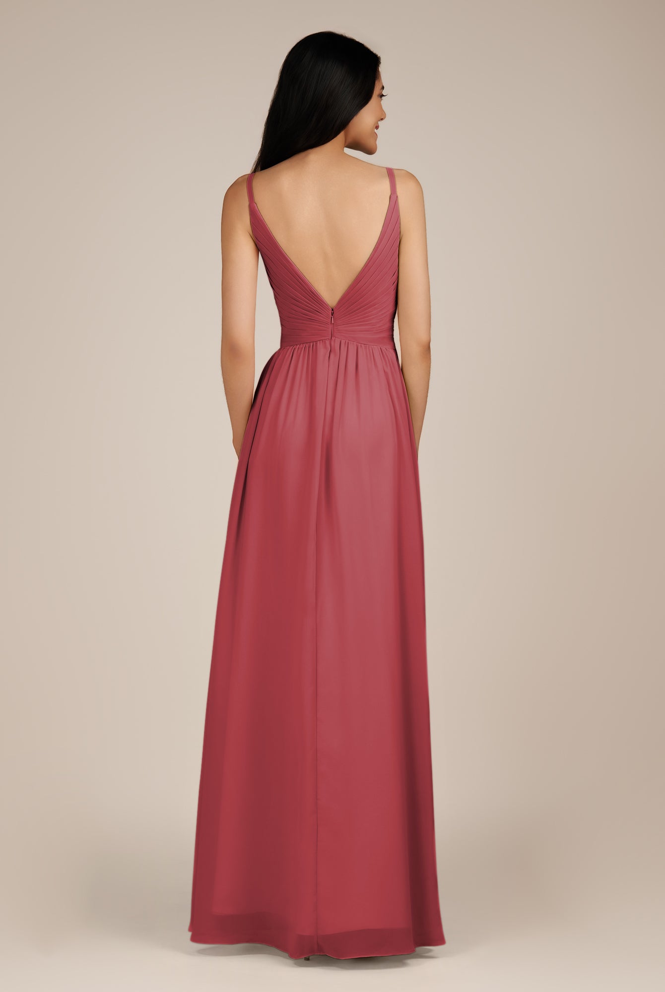 KissDress-Ophelia Merlot A Line Chiffon V Neck Long Bridesmaid Dress with Pleats