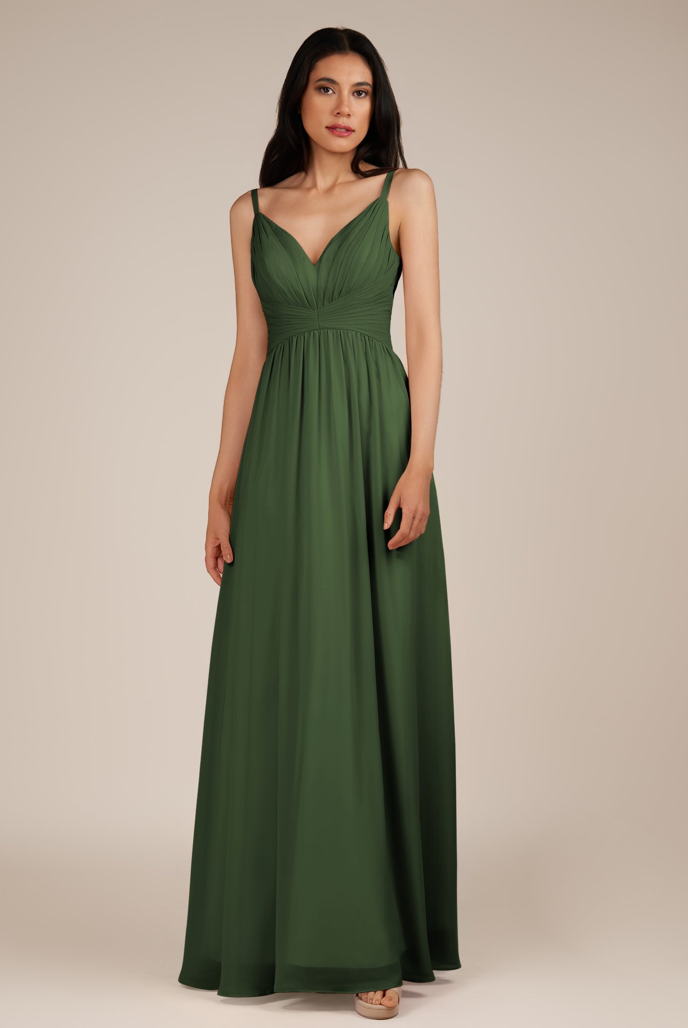 KissDress-Ophelia Moss A Line Chiffon V Neck Long Bridesmaid Dress with Pleats
