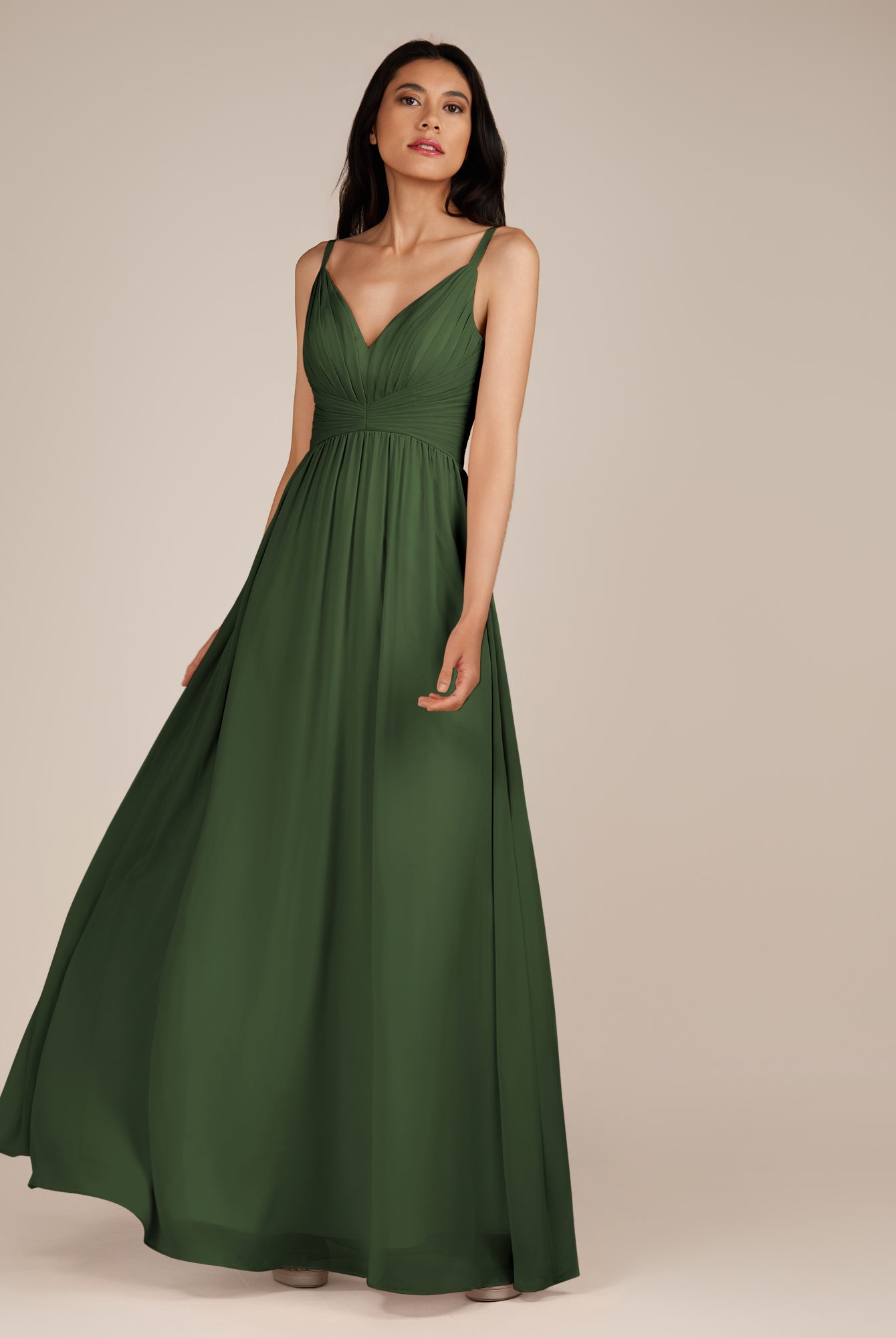 KissDress-Ophelia Moss A Line Chiffon V Neck Long Bridesmaid Dress with Pleats