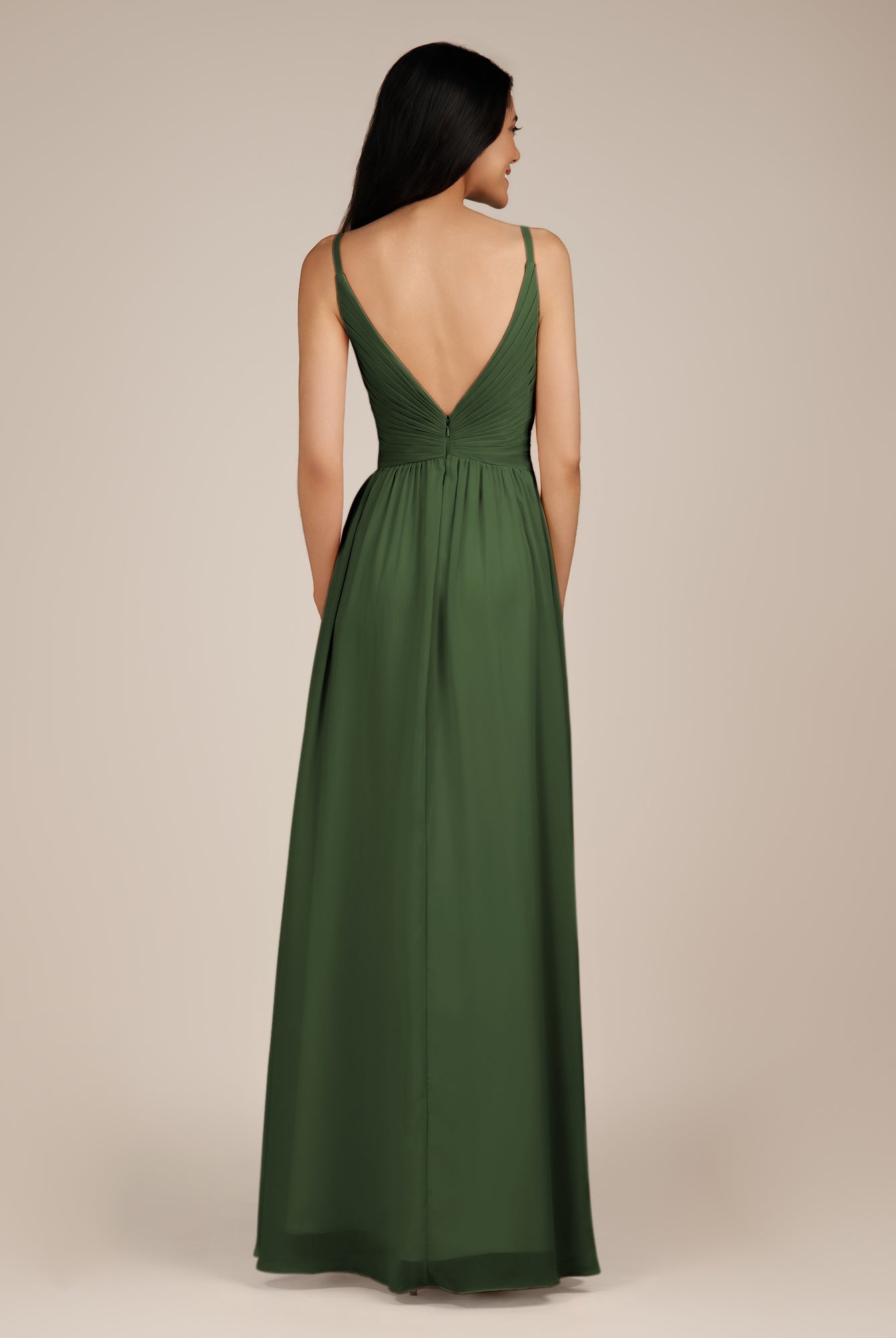 KissDress-Ophelia Moss A Line Chiffon V Neck Long Bridesmaid Dress with Pleats