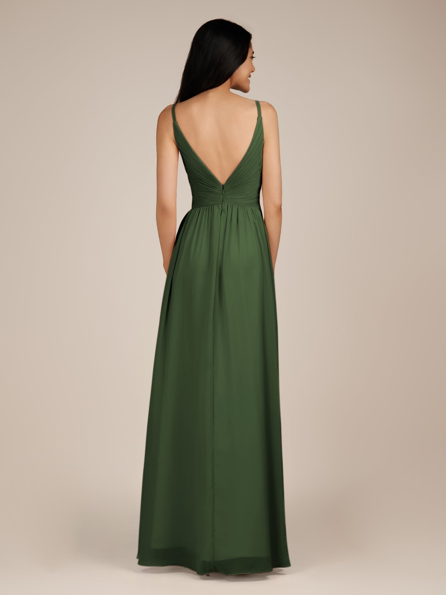 KissDress-Ophelia Moss A Line Chiffon V Neck Long Bridesmaid Dress with Pleats