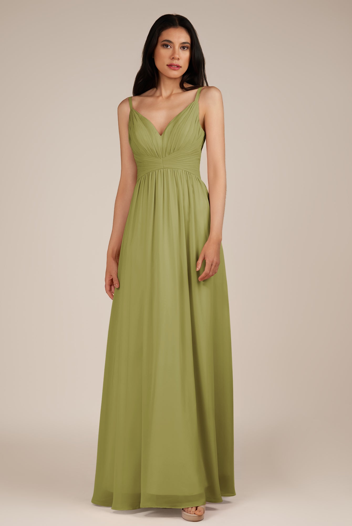 KissDress-Ophelia Moss Green A Line Chiffon V Neck Long Bridesmaid Dress with Pleats