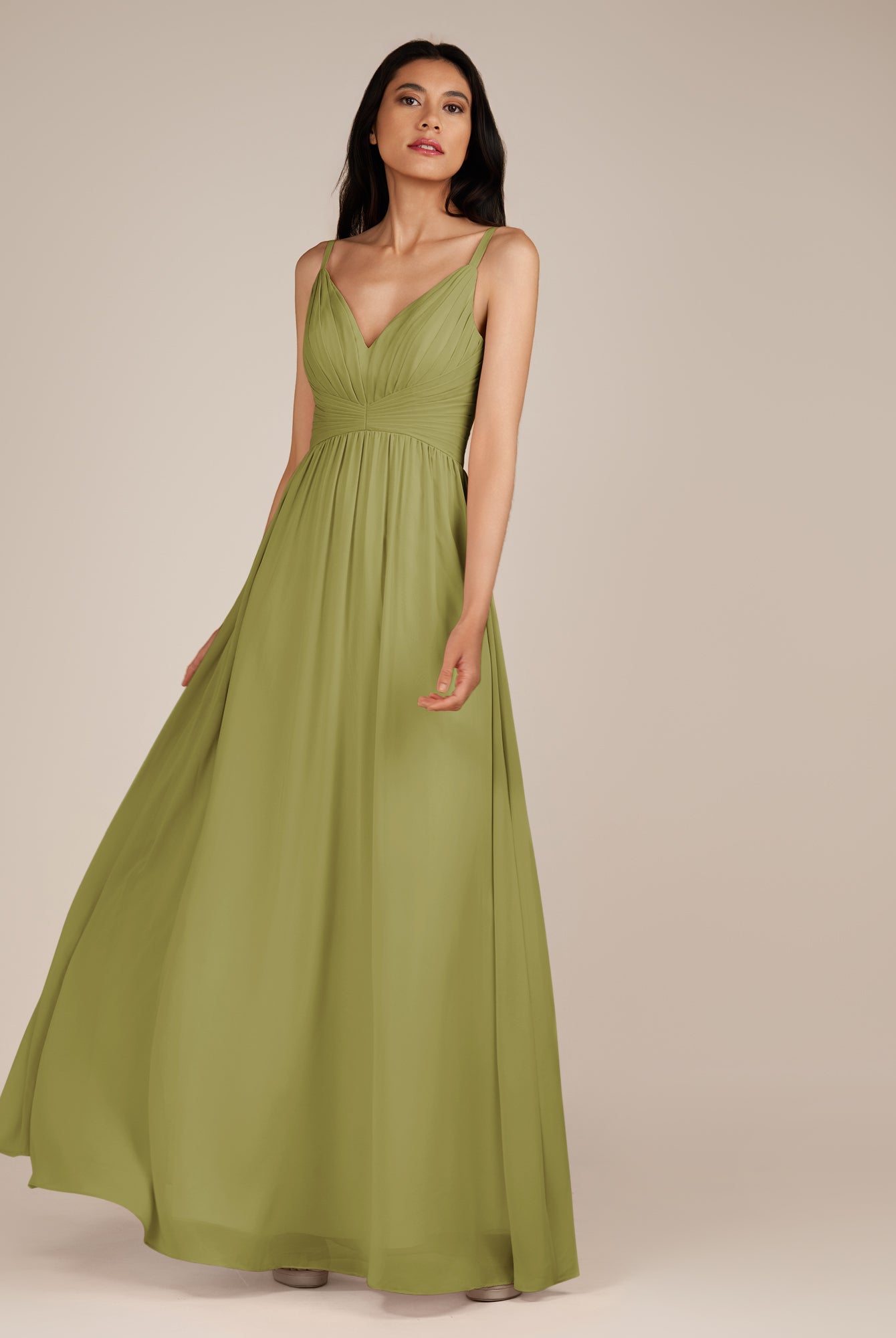 KissDress-Ophelia Moss Green A Line Chiffon V Neck Long Bridesmaid Dress with Pleats