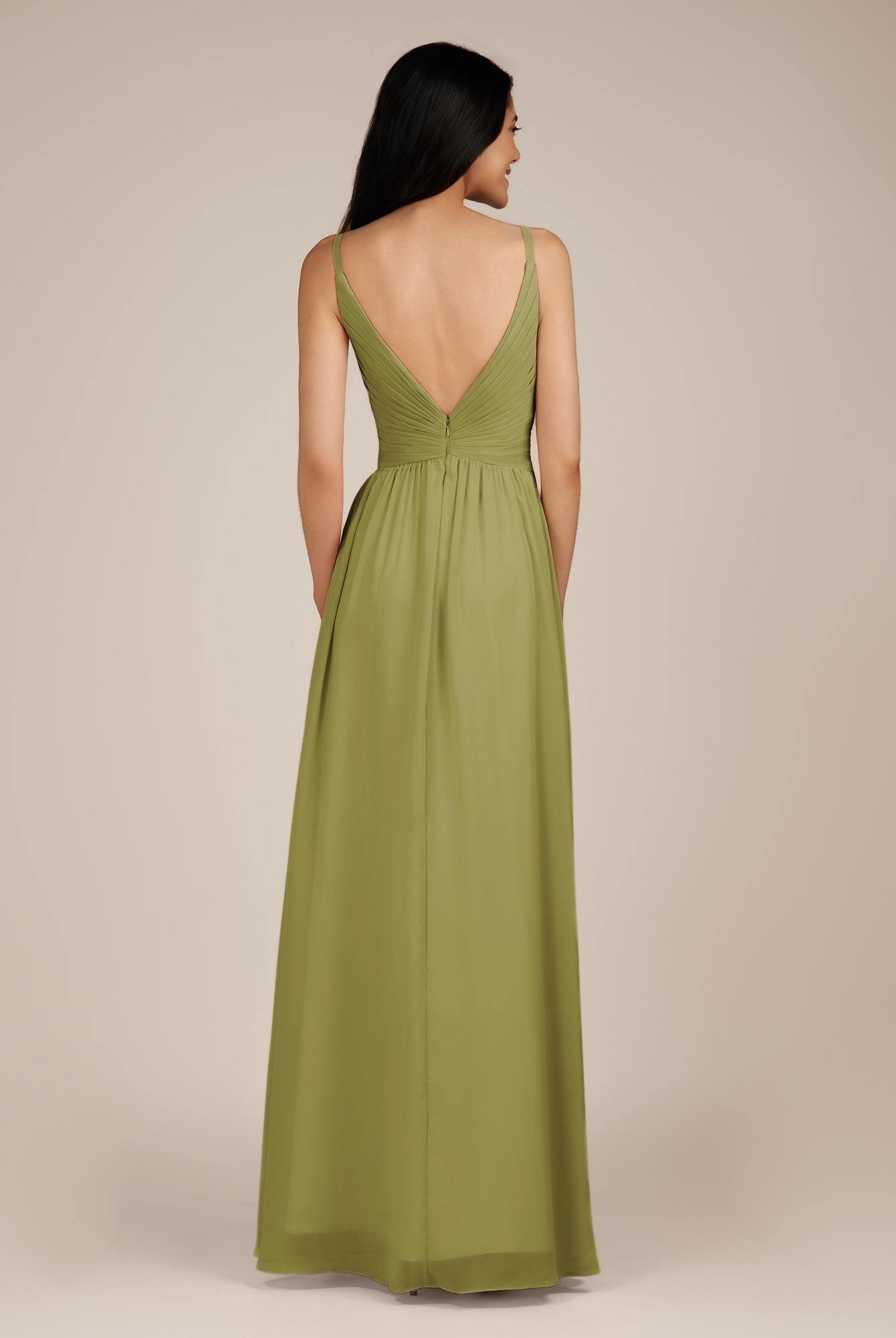 KissDress-Ophelia Moss Green A Line Chiffon V Neck Long Bridesmaid Dress with Pleats