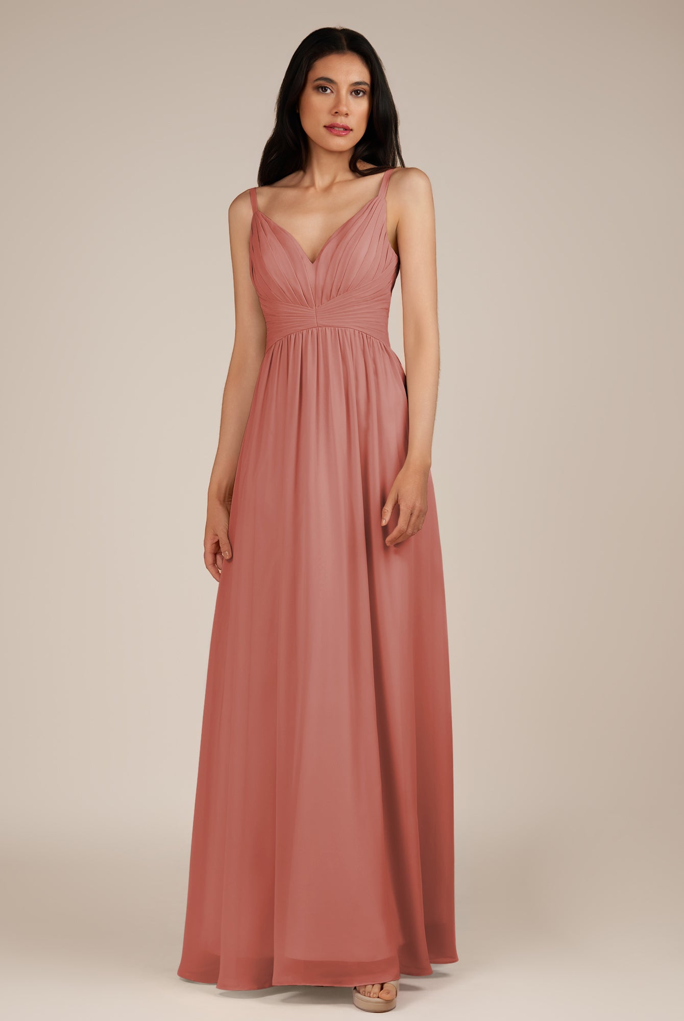 KissDress-Ophelia Mulberry A Line Chiffon V Neck Long Bridesmaid Dress with Pleats