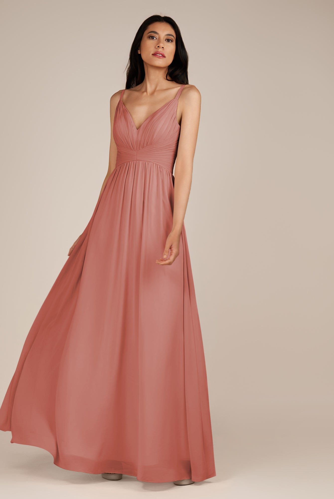 KissDress-Ophelia Mulberry A Line Chiffon V Neck Long Bridesmaid Dress with Pleats