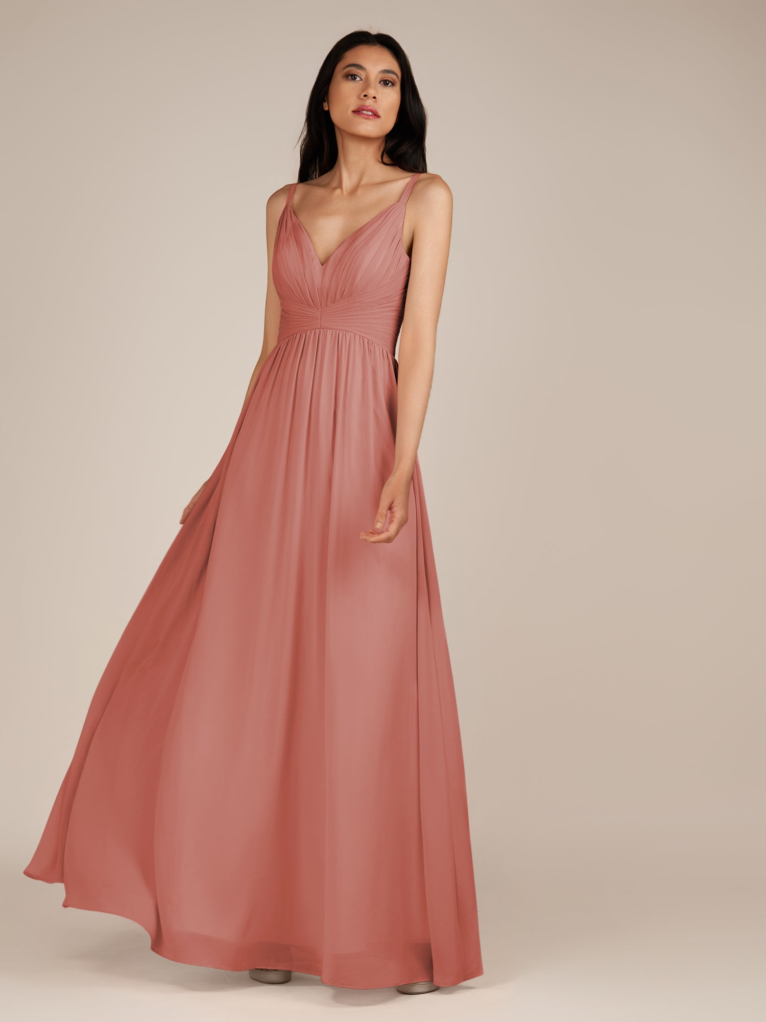 KissDress-Ophelia Mulberry A Line Chiffon V Neck Long Bridesmaid Dress with Pleats