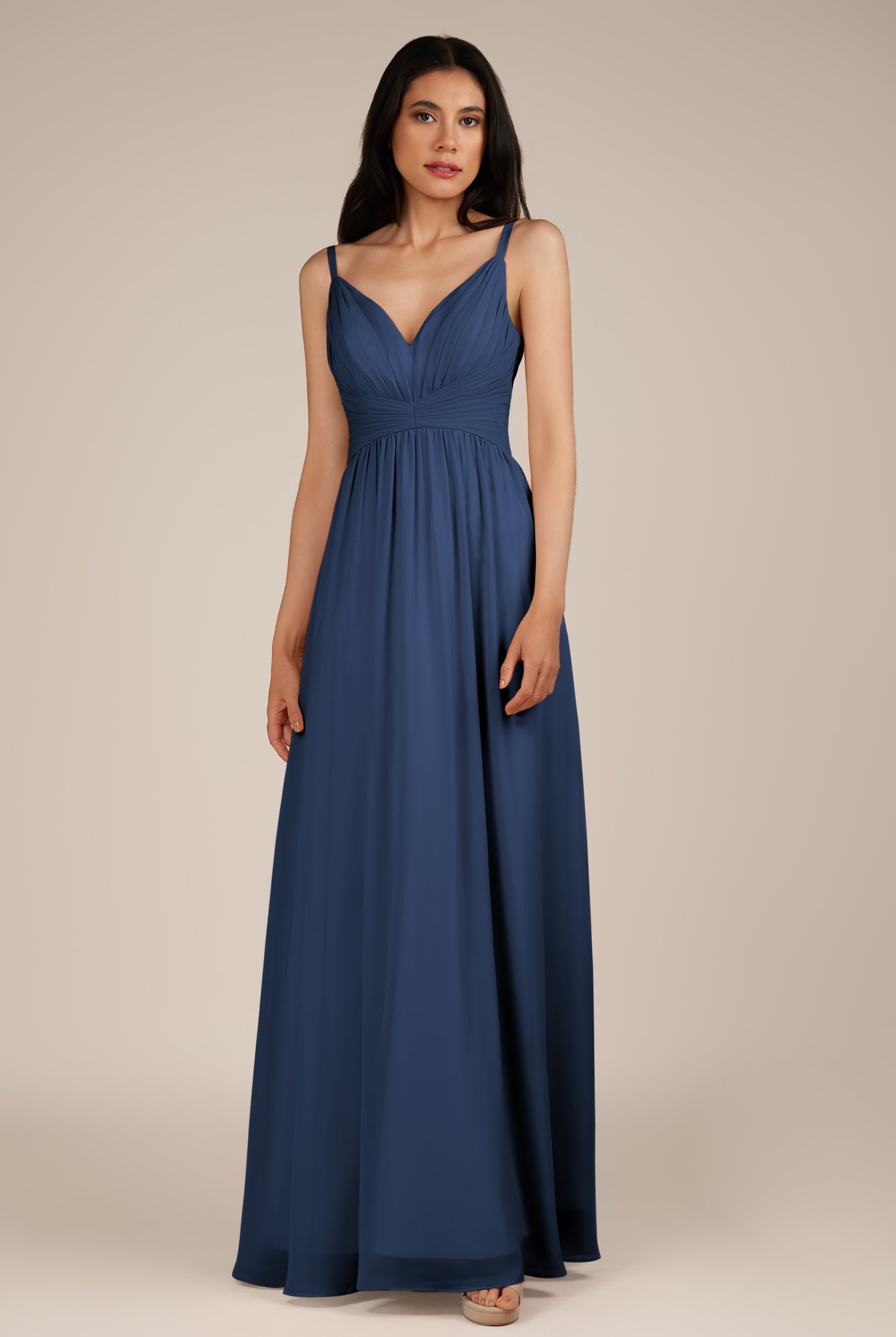 KissDress-Ophelia Navy A Line Chiffon V Neck Long Bridesmaid Dress with Pleats