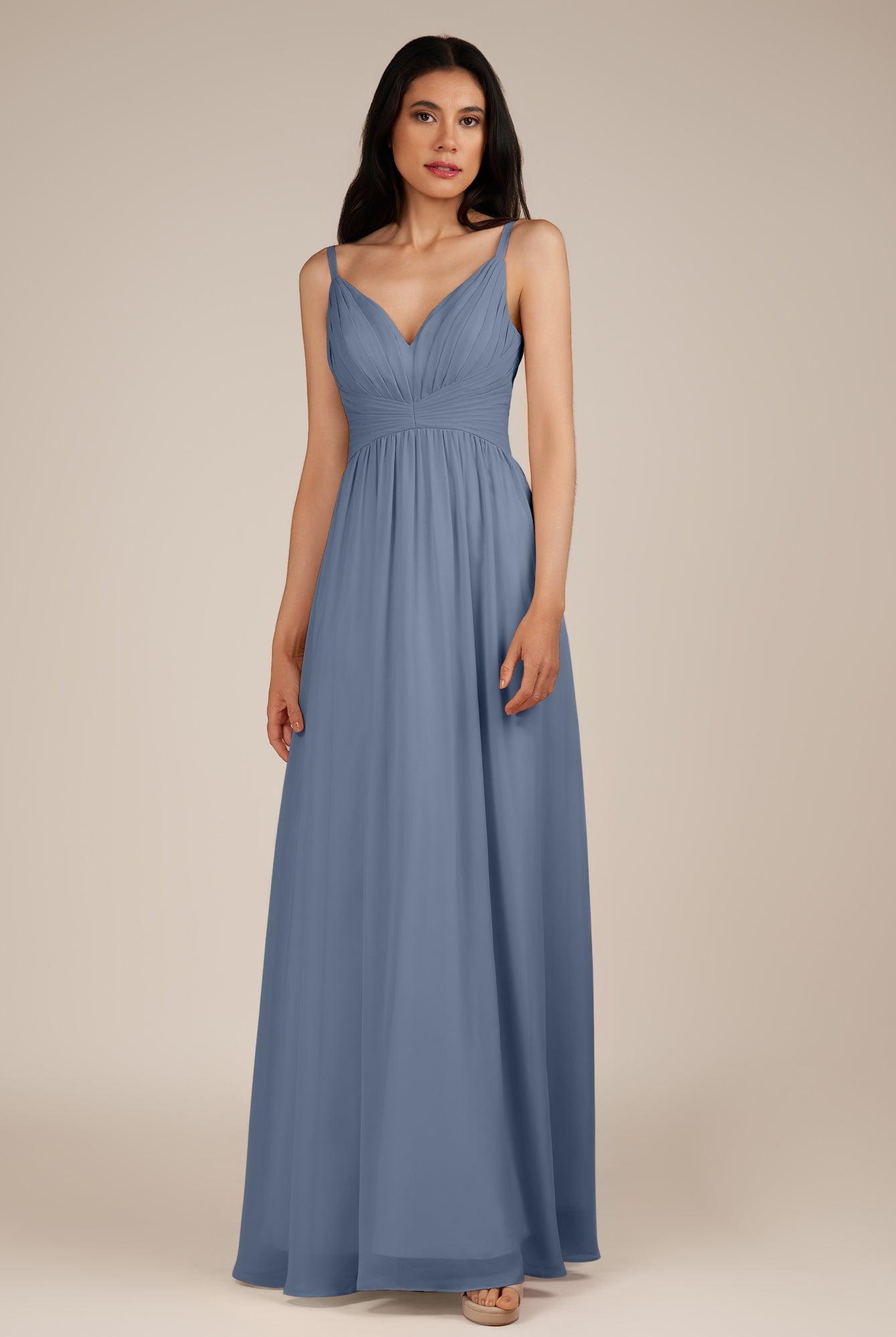 KissDress-Ophelia Neptune A Line Chiffon V Neck Long Bridesmaid Dress with Pleats