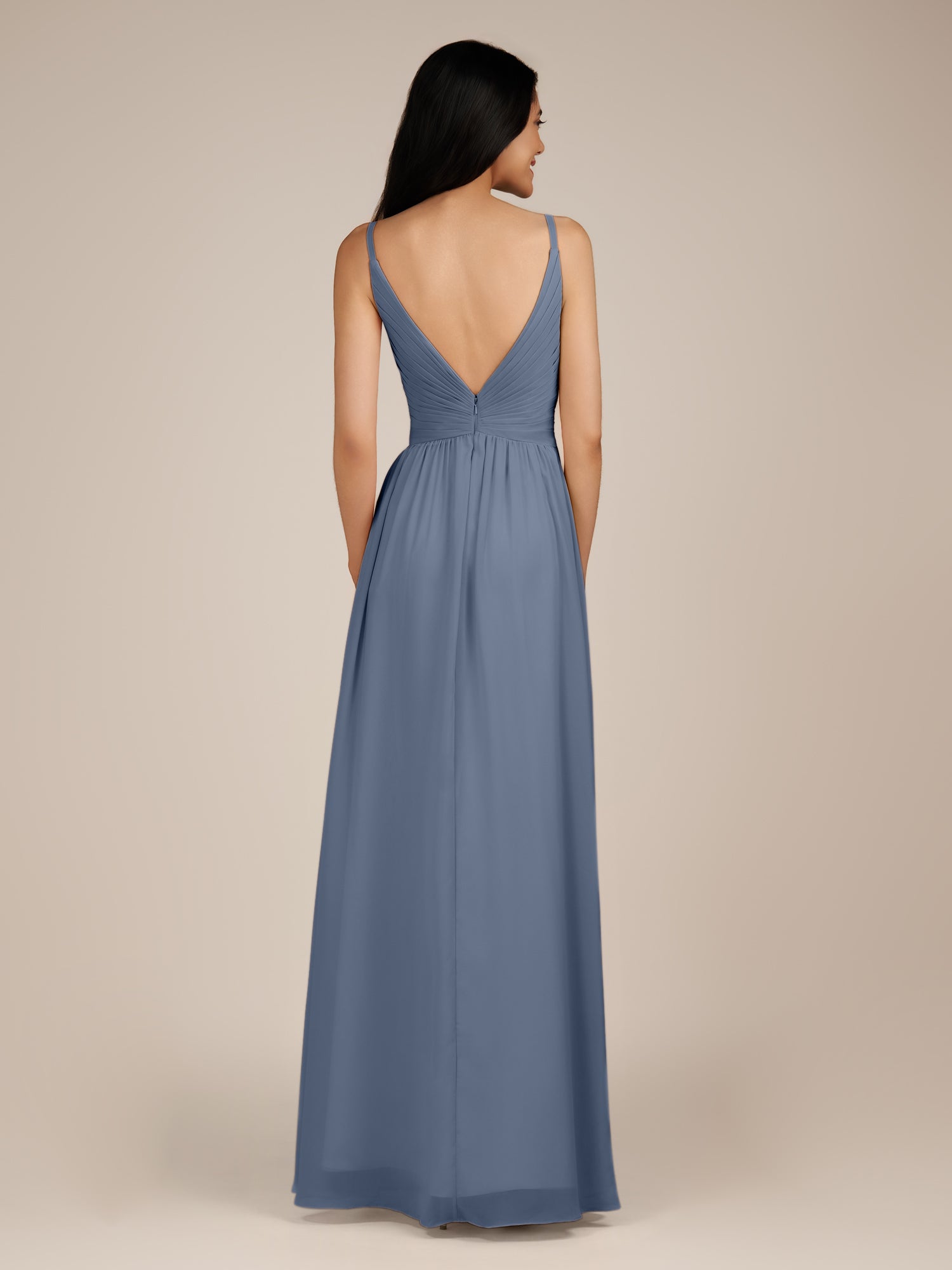 KissDress-Ophelia Neptune A Line Chiffon V Neck Long Bridesmaid Dress with Pleats
